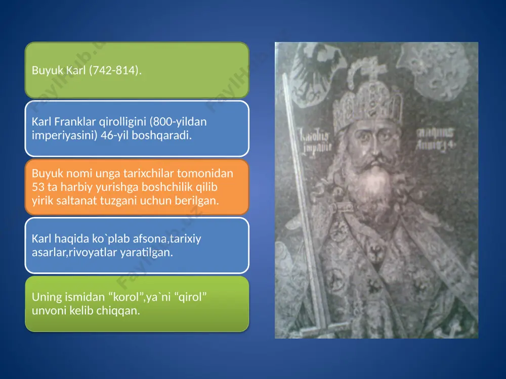 i shaharlardagi saroylarida to`xtagan,mahalliy ahiliga og`irligi tushmasligi uchun uzoq vaqt o`tmay yana boshqa shaharga yo`l olgan. buyuk karl davrida frankalrda an`anaviy xalq lashkari o`rnida otliq ritsarlar qo`shini vujudga keladi. ritsarlar (nemischa ritter-otliq) bo`linmalarida faqat boy zamindorlar,ya`ni jangovar ot va qurol-aslahalar sotib olishga imkoniyati bo`lgan kishilar xizmat qilgan. hukmdorlar ritsarlarga:ot,qurol-aslahasini tartibda saqlashi,urushlar paytida oilasini ta`minlashi uchun yer-mulk inom etgan. bu yer-mulk-feod (nem.qo`rg`on,mulk) harbiy xizmat evaziga taqdim etilib,keyinchalik merosiy mulkka aylangan. feodning egasi feodal deb atalgan. zamonlar o`tib harbiy ish faqat feodallar mashg`uloti bo`lib qoladi. yirik feodallar viloyatlarga egalik qilsalar,mayda feodalga ma`lum qishloq yoki uning bir qismi taqdim etilgan. yirik qabilalarni gersoglar (nem.saylangan harbiy yo`lboshchi,keyinchalik merosiy qabila boshlig`i) boshqargan. yirik bo`lmagan hududlarni imperator tayinlagan graflar (nem.qirol tayinlagan amaldor) boshqaradi. gersog unvoni avvaldan merosiy bo`lsa,graflarni imperator tayinlagan. buyuk karl o`z davlati chegaralarini mustahkamlash maqsadida markalar (nem.chegara harbiy viloyati) tuzib ularni markgraflar (nem.chegara viloyati hokimi) boshqargan. barcha grafliklarni nazoratda saqlash mushkul edi. graflar bor …