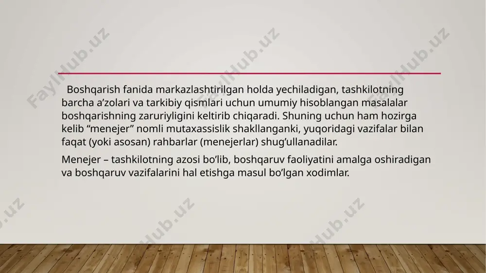 ’zgaruvchan muhit sharoitiga tayyor turishi talab etiladi. aks holda o’zgarishlarni tezkorlik bilan qayd etib unga muvofiq choralar ko’rmaslik tashkilot uchun yomon holatlarni yuzaga keltirishi va menejerni bundan faol ish muhitidan chetlatilishiga olib kelishi mumkin. bunday tez o’zgaruvchanliklarni bartaraf etishda menejer uchun bitta imkoniyat bor-bu qaror qabul qilish. yuqorida ta’kidlanganidek, o’zining (professional) kasbiy fao-liyati davomida menejer ko’pgina o’zgarishlarga duch keladi va ularga nisbatan qabul qilingan qarorlar turkumlari ham juda keng. xulosa boshqaruvchilik mexnatining predmeti ishlab chiqarishning moddiy elementi emas, balki axborot, xar-xil xujjatlar, boshqaruv yechimlari xisoblanadi. menejer mexnatida va texnik bajaruvchilarning ulushi bu mexnat xarajatlarini olish uchun axborotni qayta ishlash, ta’minlash va saklash asosiy o’rinni egallaydi. bitta buyum ishlab chiqaruvchining taxnologik operasiyasiga beshtagacha va undan ko’p operasiyalar to’g’ri keladi. foydalanilgan adabiyotlar: 1. vasila karimova “psixologiya “, toshkent, 2000. 2. foziev e. “umumiy psixologiya “ 1-kitob, toshkent, 2004 3.“psixologiya atlasi” m.gomezo tahririda moskva 1986 4. m.g.davletshin. “psixologiya”, izohli lug`ati, toshkent 1998 image2.jpeg …
