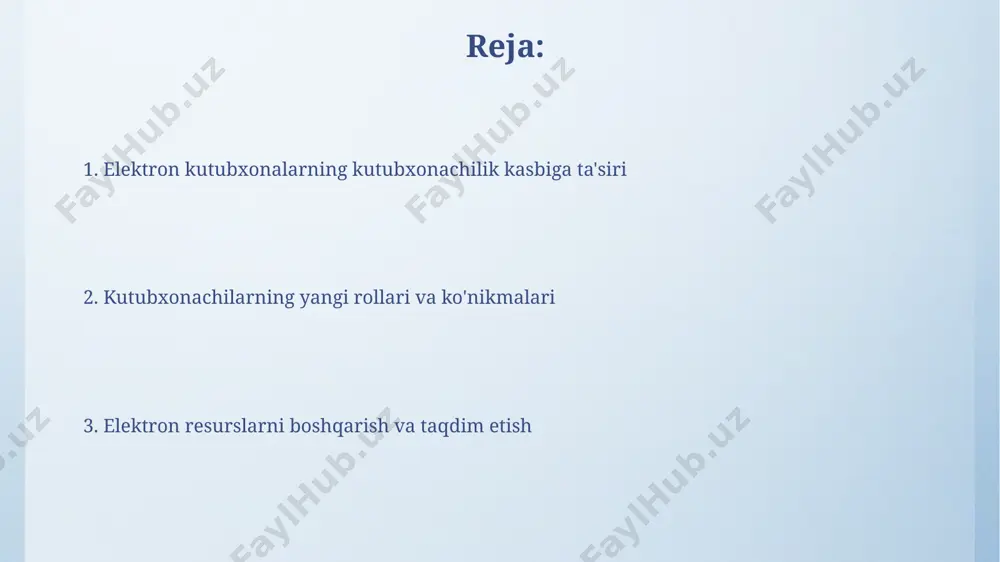 taqdim etib, foydalanuvchilar sonini 30% ga oshirdi va geografik cheklovlarni bartaraf etdi. kutubxonachilarning yangi ko'nikmalari va malakalari электрон кутубхоналар билан ишлаш учун кутубхоначилар камида 3 та дастурий таъминот ва 2 та электрон ресурс билан ишлаш бўйича билим ва кўникмаларга эга бўлишлари керак. фойдаланувчилар билан онлайн мулоқот қилиш, онлайн саволларга жавоб бериш ва масофавий хизмат кўрсатиш бўйича 10 тадан ортиқ сценарийни билиш лозим. elektron resurslarni boshqarish va kataloglashtirish elektron kutubxonalarda 1000 dan ortiq raqamli ob'ektlarni samarali boshqarish uchun maxsus dasturiy ta'minot va loyihalashtirish yondashuvlari talab etiladi. elektron resurslarni boshqarish metadata standartlari, masalan, dublin core yoki marc21, yordamida amalga oshiriladi va kataloglashtirish jarayonini avtomatlashtirishga imkon beradi. elektron kutubxonalarda axborot qidirish va taqdim etish so'rov natijalarining relevatligi va tegishliligi algoritmlar, indekslash tizimlari va foydalanuvchi interfeysining dizayni orqali taxminan 90% ga optimallashtirilishi mumkin. elektron kutubxonalarda metama'lumotlarning (metadata) aniqligi va to'liqligi qidiruv samaradorligiga sezilarli darajada ta'sir ko'rsatadi, o'rtacha 70% gacha aniqlikka erishish mumkin. e'tiboringiz uchun …