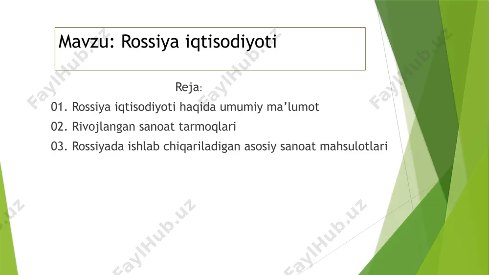 tkichlari eksport koʻrsatkichlari $551 milliard (2019 his.) eksport tovarlari: xom neft, qayta ishlangan neft, tabiiy gaz, ko’mir, bug’doy, temir(2019) asosiy eksport hamkorlari: yevro ittifoq va birlashgan qirollik xitoy belarus turkiya janubiy koreya import koʻrsatkichlari $366 milliard (2019 his.) import tovarlari: avtomobillar va avtomobil qismlari, qadoqlangan dori-darmonlar, radioeshittirish uskunalari, samolyotlar, kompyuterlar (2019) asosiy import hamkorlari: yevro ittifoq va birlashgan qirollik xitoy aqsh belarus a’zo bo’lgan savdo tashkilotlari jahon savdo tashkiloti brics(brazil, russia, india, china, south africa) mustaqil davlatlar hamdoʻstligi yevrosiyo iqtisodiy tashkiloti gecf(gas exporting countries forum ) otih ( osiyo-tinch okeani iqtisodiy hamkorligi) g-20 (katta yigirmalik) rivojlangan sanoat tarmoqlari neft va gaz sanoati metallurgiya sanoati kimyo sanoati mashinasozlik sanoati yengil sanoat aviatsiya sanoati xavfsizlik va harbiy sanoat neft va gaz sanoati: rossiya dunyodagi eng yirik neft va gaz ishlab chiqaruvchi davlatlardan biridir. bu soha mamlakatning iqtisodiyoti uchun eng muhim tarmoqlardan bo’lib, eksportning asosiy qismini tashkil etadi. metallurgiya sanoati rossiyaning metallurgiya sanoati …