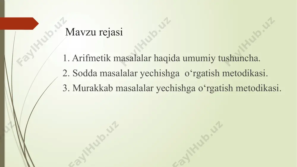 bir necha marta kamaytirishga doir noma’lum kamayuvchini topishga doir noma’lum ayriluvchini topishga doir noma’lum bo’linuvchini topishga doir noma’lum ko’paytuvchini topishga oid ayirmali taqqoslashga oid karrali taqqoslashga oid proporsional bog‘langan miqdorlarga doir sodda masalalar narx, miqdor va baho vaqt, tezlik, masofa ish unumi, vaqt, umumiy ish hajmi to’g’ri to’rtburchakning bo’yi, eni, yuzasi murakkab masala turlari arifmetik 4 amallarga doir to’rtinchi proporsional miqdorni topishga doir proporsional bo’lishga doir ikki ayirmaga ko’ra noma’lum miqdorni topishga doir harakatga oid murakkab masalalar /docprops/thumbnail.jpeg