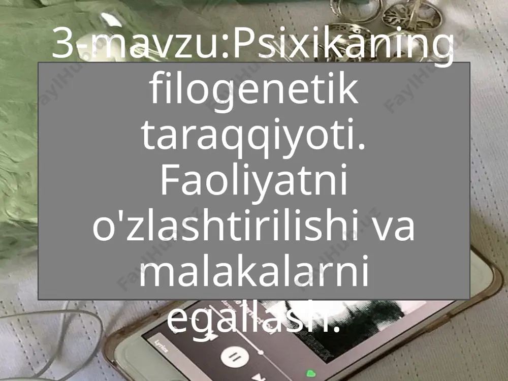 ik rivojlanish bosqichlariga asos qilib oldi. a.n.leontev bo’yicha psixika rivojlanish bosqichlarining jadval ko’rinishi va ularning sxematik ifodalanishi: sensor bosqich-elementar sezuvchanlik bilan belgilanadi. perseptiv bosqich-predmetni idrok etish bilan bog'liq. intellektual bosqich-predmetlararo aloqani aks ettiradi. hamma tirik organizmlar o’simliklardan tortib, hayvonlargacha aks ettirishning biologik shakli seskanuvchanlik xususiyatiga egadir.seskanuvchanlik - tirik organizmning biologik ahamiyatiga ega bo’lgan ta'sirlariga javob qaytarish qobiliyatidir. biotik, ya'ni biologik ahamiyatga ega bo’lgan omillariga maxsus harakatlar bilan reaksiya qilish usullariga tropizm yoki taksislar deyiladi. tropizmni quyidagicha turlari mavjud: fototropizm. 5.geleotropizm termotropizm. 6.barotropizm xemotropizm. 7.topotropizm gidrotropizm faoliyat haqida tushuncha odam tabiati jihatidan faol mavjudotdir. u ma'lum faoliyatda bo’lmasdan yashay olmaydi. inson faoliyatining turi juda ko’p bo’lib, ulardan eng muhimi ijtimoiy qiymatga ega bo’lgan ishlab chiqarish mehnatdir. odam har doim jamoada bo’lib mehnat qiladi va mehnat natijalarini ham jamoa turmush tarzini o’zlashtiradi. har bir tirik organizmning faolligi uning ehtiyojlarini qondirilishiga qaratilgan bo’ladi. anglab bo’lmaydigan va anglab bo’ladigan tabiiy yoki, madaniy, yoki ma'naviy, …