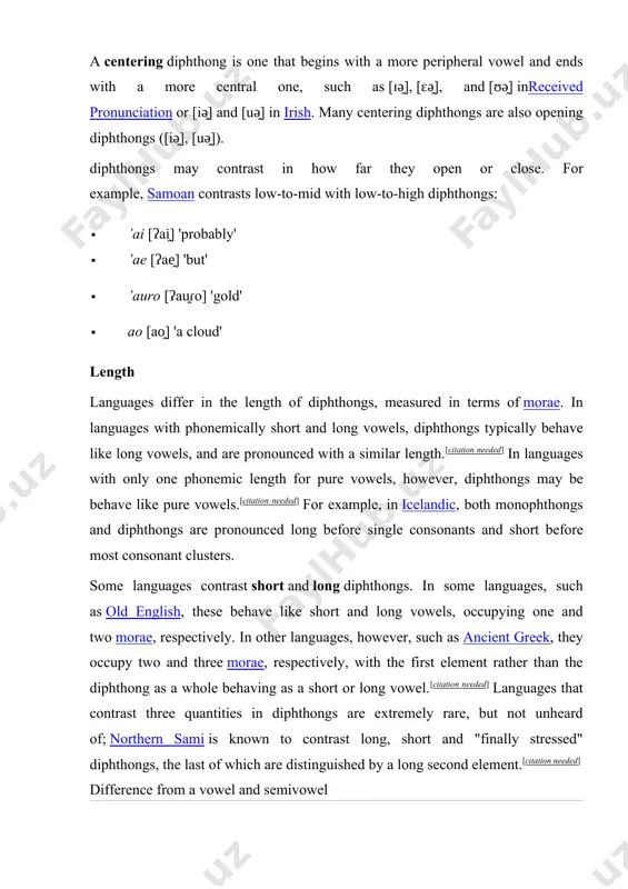 ways clear. the english word yes, for example, consists of a palatal glide followed by a monophthong rather than a rising diphthong. in addition, while the segmental elements must be different in diphthongs so that [ii̯], when it occurs in a language, does not contrast with [iː]though it is possible for languages to contrast [ij] and [iː] examples germanic languages english see also: ipa chart for english dialects all english diphthongs are falling, apart from /juː/, which can be analyzed as [i̯uː]. in words coming from middle english, most cases of the modern english diphthongs [aɪ̯, oʊ̯, eɪ̯, aʊ̯] originate from the middle english long monophthongs [iː, ɔː, aː, uː] through the great vowel shift, although some cases of [oʊ̯, eɪ̯] originate from the middle english diphthongs [ɔu̯, aɪ̯]. standard english diphthongs rp (british) australian american ga canadian low [əʊ̯] [əʉ̯] [oʊ̯] loud [aʊ̯] [æɔ̯] [aʊ̯] [aʊ̯] lout [əʊ̯][t2 1] …