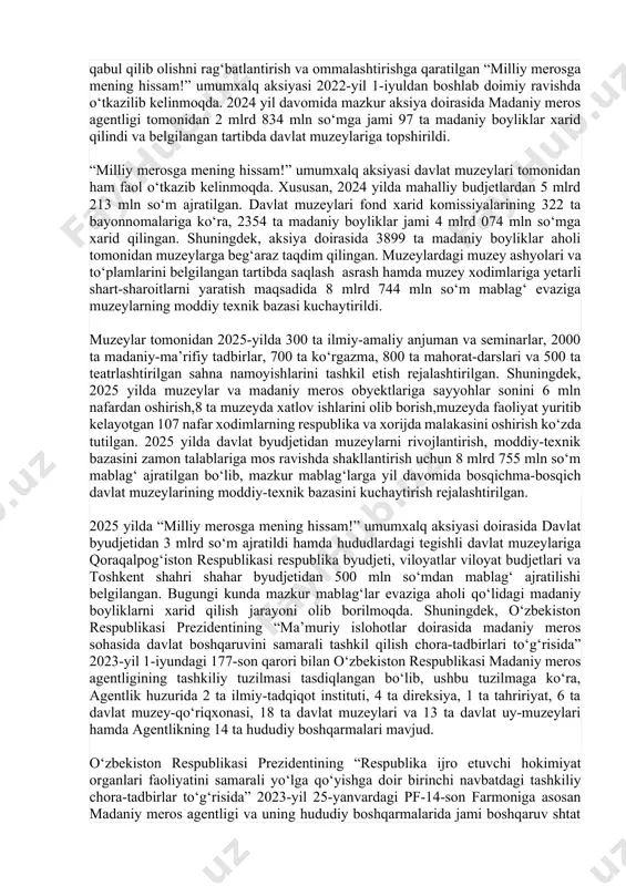 arxeologiya obyektlari soni - 26 ta diqqatga sazovor joylar soni - 30 ta monumental(mozaika) obyektlar soni - 12 tani tashkil etadi. o‘tgan 2024-yil davomida amalga oshirilgan ishlar xususida ham ma’lumot berildi, jumladan: respublikadagi 123 ta madaniy meros obyektlarida restavratsiya va ta’mirlash-tiklash ishlarini amalga oshirish bo‘yicha tegishli shartnomalar tuzildi. obyektlarning loyiha-smetasi ishlab chiqildi hamda ta’mirlash-tiklash ishlari amalga oshirildi. o‘zbekiston respublikasi vazirlar mahkamasining 20.05.2024-yilda o‘zbekiston respublikasi madaniy meros agentligining ilmiy-ekspert kengashi faoliyatini yanada takomillashtirish chora-tadbirlari to‘g‘risidagi 295-sonli obyektlarda qabul qilindi. unga ko‘ra, mazkur qarorga asosan ilmiy-ekspert kengashining tarkibi yangilangan tarkibi tasdiqlandi obyektlarini kengashga qo‘shimcha vazifa obyektlarini funksiyalar yuklatildi. 2024-yil davomida ilmiy-ekspert kengashining 24 ta yig‘ilish bo‘lib o‘tgan, shundan, 6 tasi sayyor shaklda o‘tkazilgan. 2024-yil mobaynida ilmiy-ekspert kengashi 1 192 ta jismoniy obyektlarini yuridik shaxslar tomonidan taqdim etilgan loyihalar ko‘rib chiqilgan. jumladan, 207 ta loyiha ma’qullangan, 481 ta shart bilan ma’qullandi, rad etilganlar 504 ta, shundan, 155 ta loyiha amalda qurib bitkazilgan binolar …