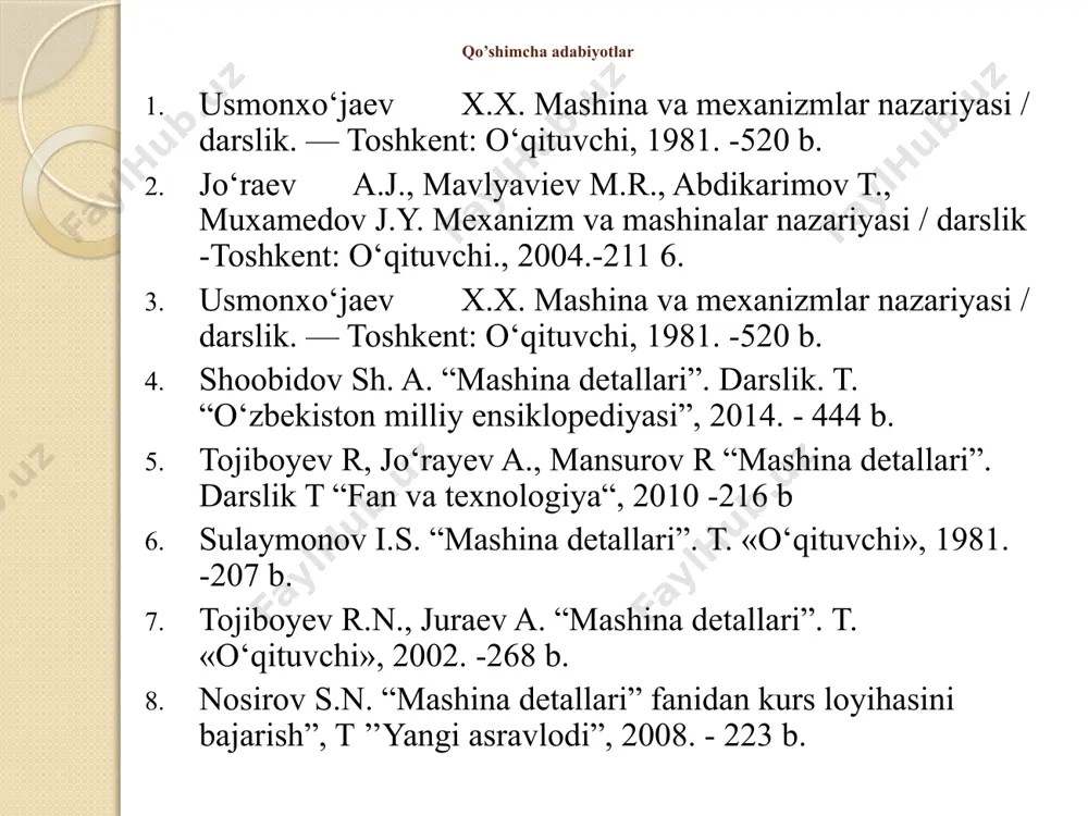 nematik zanjir deb ataladi. yopiq kinematik zanjir deb har bir bo`g’ini kamida ikkita kinematik juftlik tarkibidan o`rin olgan zanjirga aytiladi. ochiq kinematik zanjir deb, tarkibida faqat bir kinematik juftlikka kirgan bo`g’inlari bo`lgan zanjirga aytiladi. muhandislik amaliyotida qo`llanadigan mexanizmlarning ko`pchilik qismi yopiq kinematik zanjirlar tomonidan hosil qilingan. mexanizm deb bir yoki bir necha bo`g’inlarning (yetakchi) istalgan bo`g’inga (ustunga) nisbatan harakat qilganida barcha qolgan bo`g’inlar (yetaklanuvchi) uzil-kesil belgili harakat qiladigan kinematik zanjirga aytiladi. mexanizmning ustunga nisbatan erkinlik darajasi soni harakatchanlik darajasi deb atalib, odatda uni w harfi bilan belgilaydilar. texnikada qo`llanadigan mexanizmlar aksariyatining harakatchanlik darajasi w=1 birga teng bo`lib, biroq harakatchanlik darajasi ikki va undan katta bo`lgan mexanizmlar ham uchrab turadi; bunday mexanizmlar differensial mexanizmlar nomini olgan. kurs loyihasida kinematik juftliklarning artobolevskiy tomonidan kiritilgan tasnifni qabul qilamiz. barcha kinematik juftliklar besh toifaga bo`linadi. kinematik juftlik toifasining raqami juftlik bir bo`g’ining boshqasiga nisbatan harakatiga qo`yilgan bog’liqlik shartlari soniga ko`ra aniqlanadi. mexanizmlar tasnifi loyihani …