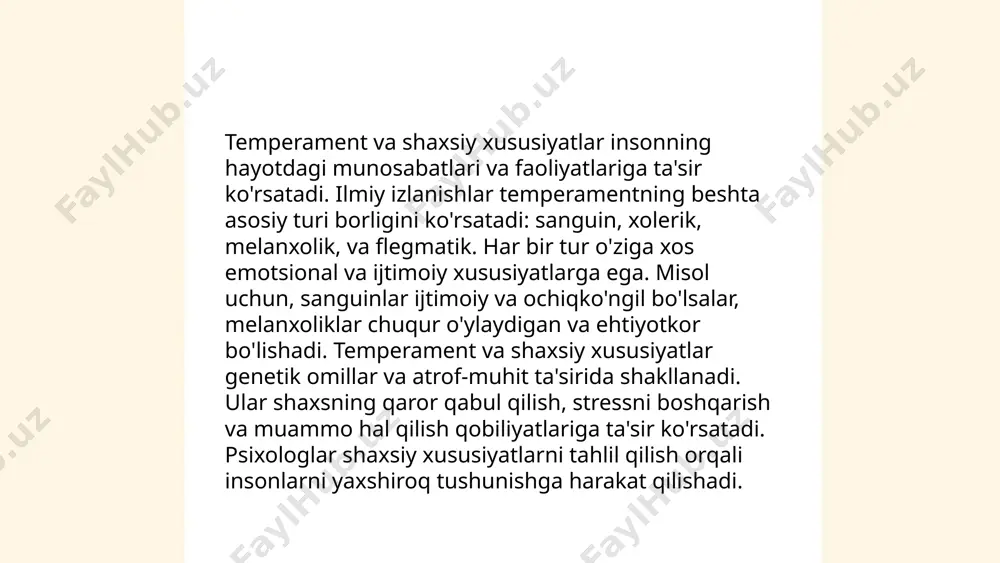 munosabatda bo‘lishini belgilaydi. boshqa tomondan, shaxsning umumiy qobiliyatlari uning aqliy va shaxsiy yutuqlarini ta’minlaydigan salohiyatidir. temperament 4 asosiy turga bo‘linadi: xolerik, sanguinik, flegmatik va melankolik. shaxsning umumiy qobiliyatlari ko‘pincha intellektual qobiliyatlar, yaratuvchanlik va ijtimoiy ko‘nikmalar sifatida tasniflanadi. har bir inson turli temperament va qobiliyatlarning noyob kombinatsiyasiga ega bo‘lib, bu ularning muayyan vaziyatlarga qanday javob berishini shakllantiradi. ushbu jihatlar shaxsning muvaffaqiyatlari va ish faoliyatiga sezilarli ta’sir ko‘rsatishi mumkin. temperament haqida hozirgi zamon nazariyalari. jinsiy dimorfizm va individning psixologik tavsifi .maxsus va umumiy qobiliyatlarini aniqlovchi testlar ròzmametova dilnoza e'tiboringiz uchun raxmat! image1.png image2.png image3.png image4.jpg image5.jpg image6.jpg image7.jpg /docprops/thumbnail.jpeg
