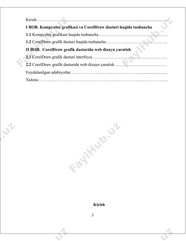 ning nusxalarini avtomatik ravishda, yuqorida aytilgandek, proporsional o‘zgartirib, ko‘paytirishingiz mumkin. bu, albatta, coreldrawning qo‘llanuvchilar orasida boshqa dasturlarga nisbatan obro‘sini oshiradi. o`zbekiston respublikasi prezidenti sh.m.mirziyoyevning 2020-yil 24-yanvardagi oliy majlisga qilgan murojaatnomasida ta`kidlangan «soha uchun yuqori malakali mutaxassislar tayyorlash maqsadida xorijiy hamkorlarimiz bilan birgalikda 1 million dasturchi» loyihasini amalga oshirilishi dasturlashga bo`lgan e`tibordan darak beradi. bu loyihadan ko`zlangan maqsad kelgusida jamiyatimizning qurilish, energetika, qishloq va suv xo`jaligi, transport, geologiya, kadastr, sog`liqni saqlash, ta`lim, arxiv sohalarini raqamlashtirishdan iborat. hozirda kompyuter grafikasi ilmiy xodimlar uchungina emas, balki rassomlar, loyihachilar, dizayn va reklama bilan shug`ullanadigan mutaxassislar, web sayt yaratuvchilar, o`qitish jarayoni va boshqa sohalarda keng qo`llanilmoqda. shuning uchun kompyuter grafikasi sohasida yetuk kadrlarni tayyorlash, yosh kitobxonlarga kompyuter grafikasiga doir adabiyotlarni yetkazish oldimizda turgan vazifalardan biri hisoblanadi. o`ylaymanki, ushbu kurs ishi oliy o`quv yurti talabalari, akademik litsey, kasb-hunar kollejlari, umumiy o`rta maktab o`quvchilari va mustaqil o`rganuvchilarda kompyuter grafikasiga bo`lgan qiziqishini oshirishga, dasturlash muhitida ishlash va mustaqil …