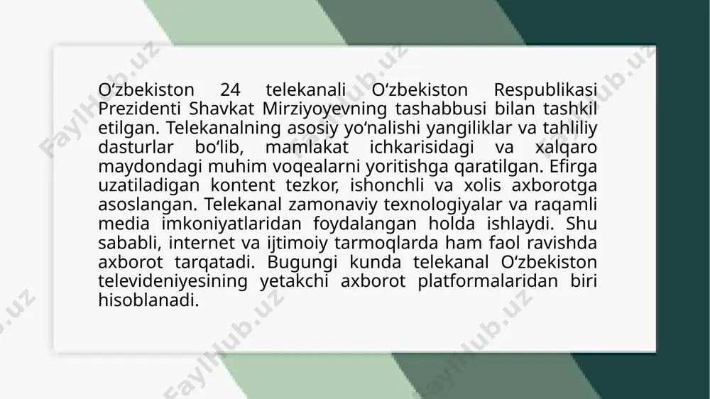 i tezkor va ishonchli manbalarga asoslangan holda yoritadi. tahliliy ko‘rsatuvlar siyosiy, iqtisodiy va ijtimoiy muammolarni chuqur o‘rganib, ekspert va mutaxassislarning fikrlarini taqdim etadi. hujjatli filmlar va maxsus reportajlar esa muhim mavzularga oid faktlar va voqealar haqida kengroq tasavvur hosil qilishga yordam beradi. shuningdek, xalqaro hamkorlik, ilm-fan, madaniyat va sport sohalariga bag‘ishlangan dasturlar ham muntazam efirga uzatiladi. 4. axborot yetkazish usullari va innovatsiyalar. axborot yetkazish usullari va innovatsiyalar bugungi kunda jamiyat va iqtisodiyotning rivojlanishida muhim rol o'ynamoqda. ular yordamida axborot tez va samarali tarzda tarqatilishi mumkin, bu esa odamlar o'rtasidagi muloqotni yengillashtiradi va ko'plab sohalarda yangiliklarni ommalashtiradi. birinchi navbatda, axborot texnologiyalarining rivojlanishi, internetning keng tarqalishi va mobil qurilmalar orqali ma'lumotlarni tez yetkazish imkoniyatlari o'sib bormoqda. bugungi kunda ijtimoiy tarmoqlar, veb-saytlar, mobil ilovalar va onlayn xizmatlar yordamida odamlar bir-biriga oson va tezkor tarzda axborot yetkazib bera olishadi. innovatsiyalar esa axborot uzatish jarayonini yanada samarali va qulay qilishga yordam beradi. masalan, sun'iy intellekt …