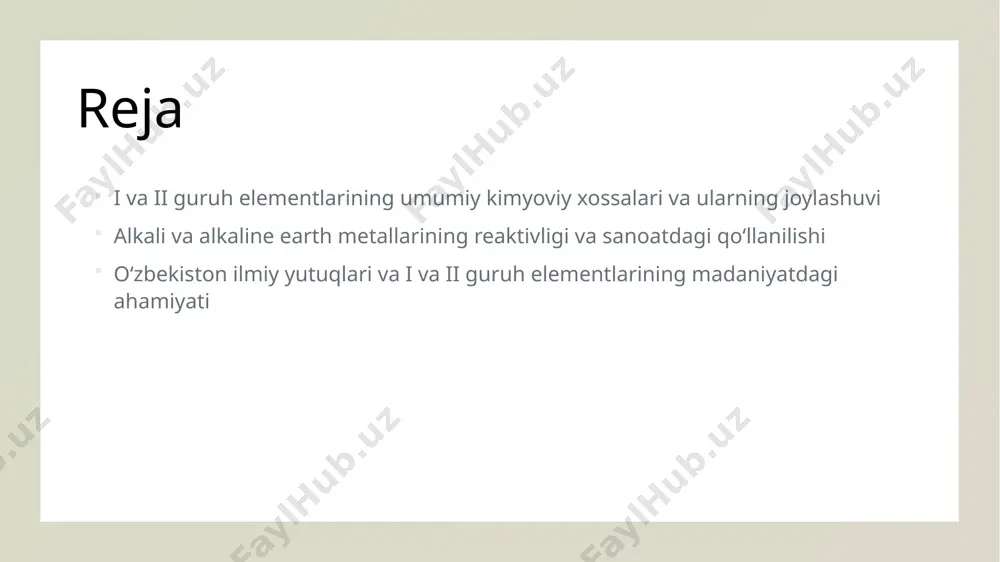 konfiguratsiyasi atom tuzilishi va elektronlar alkali va alkaline earth metallarining atomlari markaziy yadroni o'z ichiga oladi, ularning elektronlar esa atomning tashqi qavatlarida joylashgan bo‘lib, kimyoviy xossalarni belgilaydi. elektron konfiguratsiyasi alkali metallar 1s2 2s2 2p6 3s1 kabi, alkaline earth metallar esa 1s2 2s2 2p6 3s2 kabi, elektronlar soni va joylashuvi ularning reaktivligini aniqlaydi. kimyoviy xossalar atom tuzilishi va elektron konfiguratsiyasi, metallar reaktivligi, oksidlanish darajasi va kimyoviy bog‘lanishlarda ishtirokini belgilaydi, bu ularning tabiiy holati va sanoatdagi qo‘llanilishiga ta'sir qiladi. elementlarning kimyoviy reaktivligi va ularning tabiiy holati 1 reaktsiyalilik darajasi alkali va alkaline earth metallari juda reaktiv bo‘lib, ularning kimyoviy bog‘lanishlar hosil qilishga qobiliyati yuqori. bu ularning tabiiy holatini va kimyoviy reaksiyalarini belgilaydi. 2 tabiiy holati bu metallar asosan tuzlar yoki birikmalar shaklida tabiatda mavjud. masalan, natriy va kaliy ularning asosiy tabiiy shakllaridir, ular odatda suv va yer qobig‘ida topiladi. 3 kimyoviy reaktsiyalar alkali metal va alkaline earth metallarining reaktivligi ularning elektron konfiguratsiyasiga …