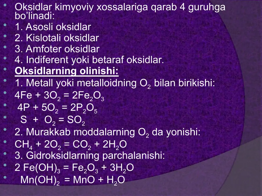 birikmani suvga eritib: н2 + сi2 = 2hci f2 + h2 = 2hf tuzlarga boshqa kislotalarni ta`sir etirib: naci+h2so4=nahso4+hci↑ kno3+h2so4=khso4+hno3 asoslarning nomlanishi. o’zgarmas valentli metallar gidroksidlarini nomlashda metall nomiga gidroksid so’zi qo’shiladi. ishqor bo’lsa, o’yuvchi ishqor ham deyiladi. naoh – natriy gidroksidi koh – kaliy gidroksidi o’zgaruvchan valentli bo’lsa, metallning nomi, qavs ichida rim raqami bilan valentligi ko’rsatilib gidroksid so’zi qo’shiladi: fe(oh)2 - temir(ii)-gidroksidi fe(oh)3 - temir(iii)-gidroksidi asoslarning olinishi: aktiv metallarni h2o bilan ta`siri: 2na + 2h2o = 2naoh + h2↑; 2k + 2h2o = 2koh + h2↑ asosli oksidlarga н2о ta’siri : na2o + h2o = 2naoh; cao + h2o = ca(oh)2 suvda yomon eriydigan asoslarning olish uchun ularni tuzlariga ishqorlar ta`sir etiriladi: cuci2 + 2naoh = cu(oh)2↓+ 2naci; feci2 + 2koh = fe(oh)2↓ + 2kci 4. tuz eritmalarini elektroliz qilish bilan ham asos hosil qilish mumkin (ishqor)lar olinadi, masalan: naci + h2o = na+ + h2↑ + ci2↑ …