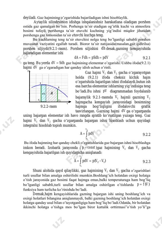 as harorat sharoitida bug’ga aylantirish uchun zarur bo’lgan issiqlik miqdori bug’ hosil bo’lishining solishtirma issiqligi deb ataladi. bu miqdor r harfi bilan belgilanadi va kilogrammga to’g’ri kelgan joullar ( kg j ) da hisobida ifodalanadi. massasi m bo’lgan suyuqlikni bug’ga aylantirish uchun q bug’ issiqlik miqdori kerak: rmqbug ' 9.1.4 bug’ kondensatsiyalanganda xuddi shunday miqdorda issiqlik ajralib chiqadi: rmqbug ' 9.1.5 kristall jism eriyotganda unga berilayotgan butun issiqlik molekulalarining potensial energiyasini ortirishga sarf bo’ladi. molekulalarning kinetik energiyasi o’zgarmaydi, chunki jism o’zgarmas harorat sharoitda eriyapti. 1 kg kristall moddani erish haroratida o’shanday haroratli suyuqlikka aylantirish uchun zarur bo’ladigan issiqlik miqdori solishtirma erish issiqligi deb ataladi. kg1 modda kristallanganda xuddi shunday miqdorda issiqlik ajralib chiqadi. massasi m bo’lgan kristall jismni eritish uchun erq issiqlik miqdori kerak: .mqerish  9.1.6 jism kristallanganda xuddi shunday miqdorda issiqlik ajralib chiqadi. mqkris  9.1.7 bu yerda m - gazning massasi,  - solishtirma erish issiqligi. 9.2. …