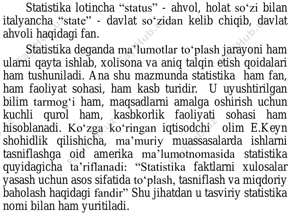 vositalar majmuasi. keng va to‘la ma’noda statistik tadqiqot ikkita bosqichdan tashkil topadi: tasviriy statistika bosqichi analitik statistika bosqichi. birinchi bosqichda quyidagi asosiy maqsad va vazifalar ko‘zlanadi: o‘rganilayotgan obyektlarni spetsifikatsiyalash, ular haqida ma’lumotlar to‘plash va qayta ishlash, ommaviy hodisa va jarayonlarning miqdoriy me’yorlarini tavsiflovchi ko‘rsatkichlarni hisoblash, ularni ko‘rkam va ixcham shaklda va zarur hollarda so‘z bilan tavsiflash. ikkinchi bosqichda esa ko‘rsatkichlarni statistik tahlil qilish, ular orasidagi sabab- oqibat bog‘lanishlarni aniqlash va baholash, o‘rganilayotgan obyektlar taqsimotlaridagi qonuniyatlarni oydinlashtirish, ilmiy gipotezalarni ishonchlilik jihatdan baholash va statistik xulosalarni chiqarish va hokazolar asosiy maqsad va vazifalar hisoblanadi. hisobning obyekti va vazifalari hisob turlari operativ texnika hisobi buxgalteriya hisobi statistika hisobi hisobga olinadigan obyekt korxona va ayrim ishlab chiqarish bо‘limlarining (ish joyi,sex, bо‘lim va hokazo) ishi va holati haqidagi ma’lumotlar korxonaning moddiy va moliyaviy resurslari ommaviy ijtimoiy hodisa va narsalar tо‘plami qо‘llanish doirasi kundalik operativ boshqarishni tashkil qilish, joriy kuzatish va hokazo korxona faoliyatini tahlil qilish …