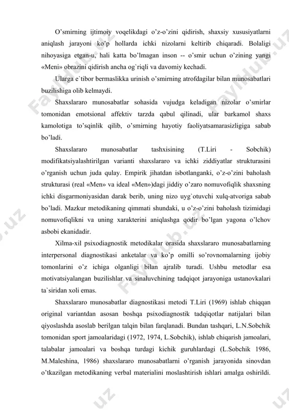 ari va boshqa turdagi kichik guruhlardagi (l.sobchik 1986, m.maleshina, 1986) shaxslararo munosabatlarni o’rganish jarayonida sinovdan o’tkazilgan metodikaning verbal materialini moslashtirish ishlari amalga oshirildi. ammo metodikani qo’llash amaliyoti so’rovnoma hukmlarining ayrimlari mukammal tuzilmaganligini ko’rsatdi. bu holat metodikani tahrirlash va moslashtirish yuzasidan qo’shimcha chora-tadbirlarni amalga oshirishga undadi. shuningdek, natijalarni qayd etish va hisoblab chiqishning o’zgacharoq qulay va tezkor usuli ishlab chiqildi. shaxs atrofdagilar bilan o’zaro ta`sirning dolzarblashgan jarayonidagi xatti - harakatlarida namoyon bo’lishiga asoslanib timoti liri empirik kuzatishlarni shaxslararo o’zaro ta`sirining 8ta umumiy, yoki 16 ta tobora konkretlashtirilgan oktantlari – variatnlari ko’rinishida sistemalashtirgan. shaxslararo xulq-atvor tiplariga muvofiq jami 128 ta anchagina oddiy tavsif-epitetlardan iborat so’rovnoma ishlab chiqilgan. sifat tavsifi u yoki bu shaxslararo munosabatlar variantini aks ettiruvchi ustuvor tiplarni aniqlashni ko’zda tutadi. oktantlarning ifodalanganlik darajasi tegishli ballar va shaxsning ma`lum tavsiflari bilan belgilanadi. oktantlarning qutbiy tavsiflariga to’xtalib o’tamiz. shaxslararo munosabatlarning dastlabki (1, -2, -3, -4 -) to’rtta tipi nokonform tendentsiyalar ustunligi va …