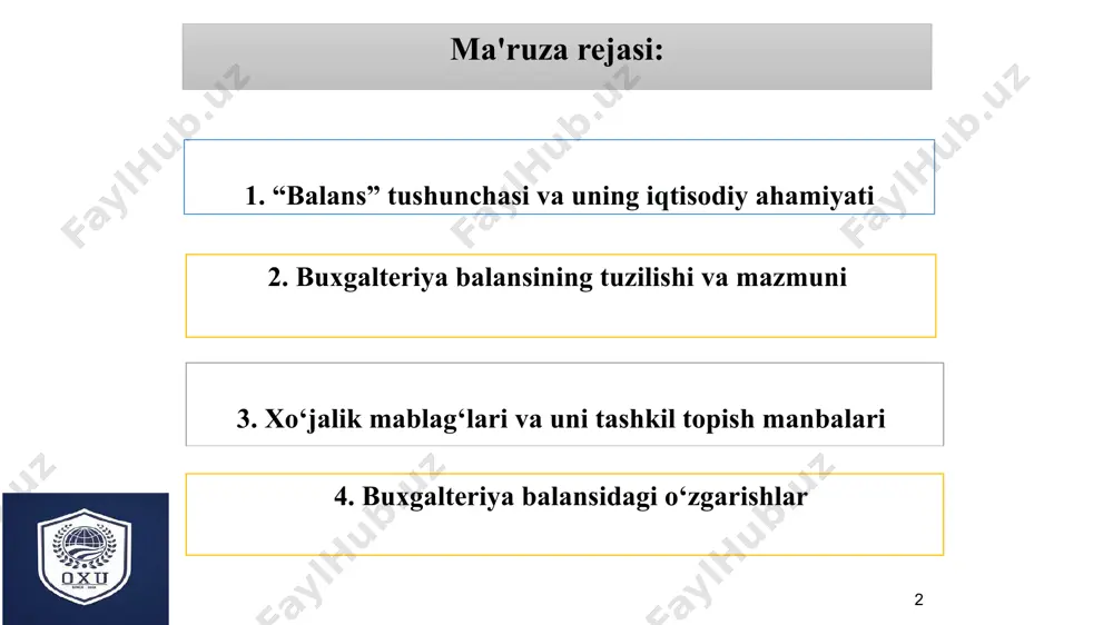 xgalteriya balansi – xo‘jalik mablag‘larini ularning turlari va tashkil topish manbalari bo‘yicha muayyan bir davrga pulda ifodalanib umumlashtirib aks ettirish va iqtisodiy guruhlash usulidir. 10 2. buxgalteriya balansining tuzilishi va mazmuni balans tuzilishi shakli bo‘yicha – ikki qismdan iborat: aktivlar va passivlar chap tomoni aktivlar deb atalib, ular xo‘jalik mablag‘laridan tashkil topadi. o‘ng tomoni esa passivlar bo‘lib, mablag‘larning tashkil topish manbalari va majburiyatlaridan iborat bo‘ladi aktivlar = xususiy kapital + majburiyatlar 11 2. buxgalteriya balansining tuzilishi va mazmuni «aktiv» atamasi lotincha - faoliyatli, amal qilish, mavjud bo‘lish degan so‘zlardan kelib chiqqan. shundan kelib chiqib, aktiv deganda mablag‘lar qanday amal qilayotganligini, ishlayotganligini ko‘rsatuvchi mablag‘lar guruhlanishini tushunish kerak «passiv» atamasi lotincha - faolsiz, xolis, betaraf turmoq, tushuntirish kabi so‘zlarninqarzga olingan mablag‘larga nisbatang ildizidan olingan. tarixan bu atama dastlab faqat, ya'ni uchinchi shaxslar oldidagi majburiyatlarga nisbatan qo‘llanilgan. buxgalteriya balansining tuzilishi va mazmuni balans balans passivi (tashkil topish manbalari) balans aktivi (xo‘jalik mablag‘lari) joriy …