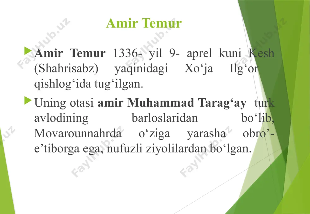 n xizmatlari evaziga taqdim etiladigan yer-mulkning tarxonlik, tanxoh va tuyul yorliqlari asosida berilishi keng tarqalgan. yer va mulkchilik bu davrda yer va mulkchilikning asosan to‘rtta shakli, ya‘ni: - mulki devoniy - davlat yerlari; - mulk - xususiy yerlar; - mulki vaqf - madrasa va ibodatxonalar tasarrufidagi yerlar; - jamoa yerlari mavjud bo‘lgan. “hukm qildimki,- deya ta'kidlaydi amir temur “hukm qildimki,- deya ta'kidlaydi amir temur, - davlat tomonidan belgilangan butun maoshlarning to‘liq ma‘lumotlarini devonbegi vazir avval menga bildirsin, so'ngra tanxoh berilsin. o'nboshilarga maosh shahar omonligi xazinasidan va podsholik mulki tushumlaridan naqd pul hisobida tarxonlik yozilsin. tuyul berish mingboshilarga viloyat ichidagi ekinzorlardan tuyul berilgan amirlar va amir ul-umarolarga esa chegaralardagi viloyatlardan biri tuyul qilib belgilangan shu bilan birga, turli yorliqlar asosidagi maosh, yer-mulk berilishi va unumli foydalanish tizimi nazorat ostiga olingan. dehqonchilikka mo‘ljallangan yerlardan olinadigan asosiy soliq xiroj dehqonchilikka mo‘ljallangan yerlardan olinadigan asosiy soliq xiroj (yoki mol) deb nomlangan. xiroj asosan hosil …