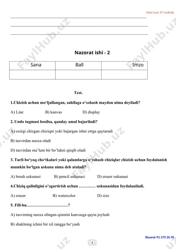 b, ular kompyuter qanday vazifalar bajarishi kerakligini ko‘rsatadi? a) ikonkalardan b) koʻrsatmalardan d) piksellardan 2._______________________- hujjat yaratishda foydalanilgan manbani aniqlash va uni manbalar roʻyxatida keltirish a) ikonka b) tekstura d) reference 3. kompyuterda ishlatiladigan matn turi nima deyiladi? a) shrift b) format d) shablon 4. bibliografiya nima? a) oson qidirish va foydalanish uchun tartibga solingan maʼlumotlar toʻplami b) ishingizda foydalanilgan manbalar roʻyxati d) odatda alifbo tartibida joylashadigan kalit soʻzlar yoki mavzular roʻyxati 5. email akkauntga ulansangiz, yangi xatlar qaysi papkada koʻrinadi? a) inbox b) import d) file 6. elektron xatni qabul qilib, keyin o‘sha xatni bir yoki bir nechta odamga yuborish nima deyiladi? a) send b) import d) forward 7. email akkauntdagi boshqa odamlarga yuborilgan barcha xatlar saqlangan papka nomi nima deyiladi? a) sent mail b) drafts d) bin/trash 8. email akkauntlarda odamlarning ismlari va email manzillari qayerda joylashgan bo’ladi? a) sent mail b) address book d) outbox 9. email …