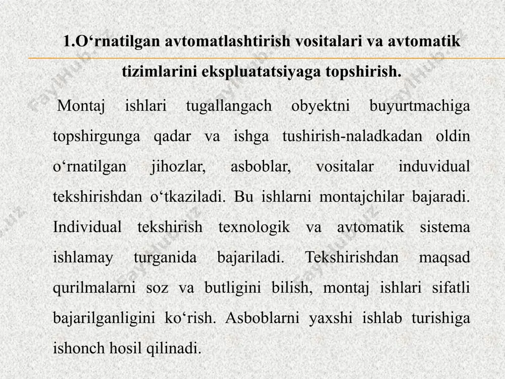 kabellarni qizdirish aktlari. avtomatik vositalar, nazorat o‘lchov asboblarining stendda sinov aktlari. barcha vositalar, qurilmalar, asboblarining pasport, yo‘riqnoma, chizma sxemalari. o‘rnatilgan avtomatik vositalar, nazorat o‘lchov asboblarining (vedomosti) tegishli shaklda bajarilgan ro‘yxati. himoyalovchi quvurlarni ajratib turuvchi zichlanishlarining puxtalikka sinash aktlari (portlash xavfi bor xonalarda). tekshirilgan va bajarilgan ishlari akt qilingan obyektda ishchi komissiya snip (qurilib bitkazilgan obyektlarni ekspluatatsiyaga qabul qilish) talablari bo‘yicha kompleks tekshirish o'tkazadi. bino va inshootlarni qurilmalarni kompleks tekshirish akti tuziladi. akt imzolanganidan keyin obyekt buyurtmachi ixtiyoriga o'tadi. montaj ishlaridagi kamchiliklar yetishmovchi elementlar to'ldirilishi uchun aniq muddatlar belgilanadi. 2.ishga tushirish-sozlsh(naladka) ishlarini tashkil qilish. obyekt kompleks tekshirishdan o‘tgach uning avtomatik vositalar, nazorat o‘lchov asboblari va tarmoqlar, armatura, barcha ulanishlarda ishga tushirish-naladka ishlari bajariladi. bu ishlarni maxsus ishga tushirish naladka tashkilotlari bajaradi. nazorat o‘lchov va avtomatika tizimlarining naladkasida (sozlashda) ko'pincha haroratni o‘lchov zarurati bo‘ladi. har qanday texnologiya yoki texnik vositaning ish rejimlarini nazorat qilishda o‘lchov tizimlarini sozlashda avvalo loyiha hujjatlari va chizmalar …