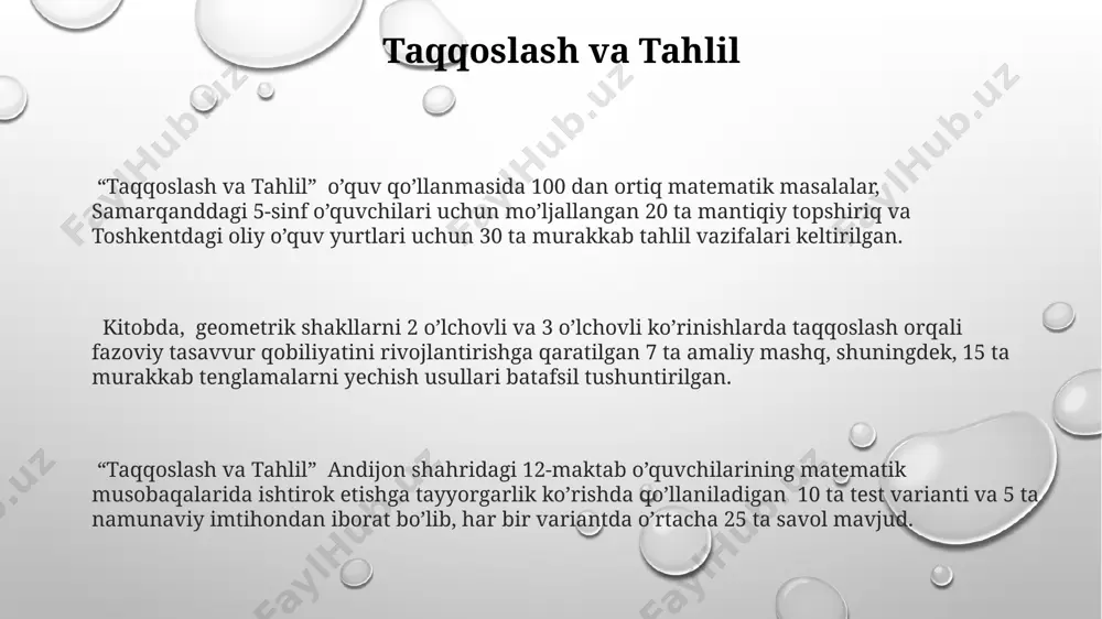 qali optimal echimlar topish mumkin. andijon viloyatining 2 ta tumanida 2023-yil uchun paxta hosilini prognoz qilish uchun regressiya tahlili va boshqa statistik usullarni qo'llagan holda matematik modellashtirishni amalga oshirish mumkin. matematik masalalarni o'rganish matematik masalalarni o'rganishda, samarqanddagi 15-asr matematiklarining risolalarida 20 dan ortiq turli xil algebraik tenglamalarni yechish usullari tavsiflangan bo'lib, ularning ba'zilari zamonaviy usullarga o'xshashdir. 1000 dan ortiq matematik masalani o'z ichiga olgan toshkentdagi "matematika olamiga sayohat" nomli kitobda, sonlar nazariyasi, kombinatorika va ehtimollik nazariyasi bilan bog'liq murakkab masalalar ham mavjud bo'lib, ular yuqori sinf o'quvchilari va talabalar uchun mo'ljallangan. o'zbekistonning turli hududlaridagi 5-sinf o'quvchilari orasida o'tkazilgan tadqiqotlar shuni ko'rsatdiki, 70% ga yaqin o'quvchi geometrik masalalarni yechishda qiyinchiliklarga duch kelishadi, bu o'qitish uslublarini qayta ko'rib chiqish zarurligini ta'kidlaydi. matematikadan zavq olish "matematikadan zavq olish" o'quvchilarga matematik fikrlashni rivojlantirishga, muammolarni hal qilish qobiliyatlarini oshirishga va matematikaning turli sohalari bilan tanishishga, masalan, 10-sinf geometriyasi bo'yicha 20 ta muammo orqali, yordam beradi. …