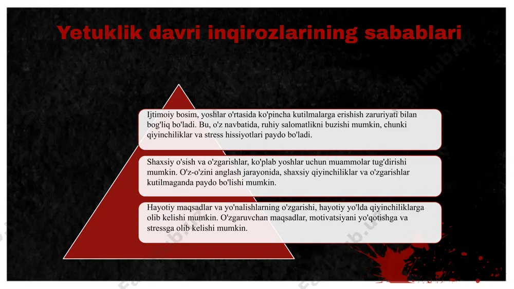 a innovatsion texnologiyalar inqirozlarni yengishda muhim resurslardir. real hayotdan olingan misollar 2008-yilgi inqirozda ko'plab davlatlar iqtisodiy yordam dasturlarini ishlab chiqdi va inqirozlarni samarali ravishda yengdi. inqirozlarni yengishning amaliy yo'llari xulosa yetuklik davri inqirozlari, ijtimoiy bosim, shaxsiy o'sish va hayotiy maqsadlar bilan bog'liq holda yuzaga keladi. ushbu inqirozlar ruhiy salomatlik, ijtimoiy munosabatlar va kasbiy rivojlanish ustida salbiy ta'sir ko'rsatishi mumkin. tarixiy misollar orqali inqirozlar saboqlari va zamonaviy ahamiyatini ko'rsatish, bu muammolarni tushunish va ulardan saboq olishimizga yordam beradi. inqirozlarni bartaraf etish uchun strategiyalar va amaliy yo'llar muhokama qilingan. umuman olganda, inqirozlarni yengish yo'lida ijtimoiy va shaxsiy yondashuvlarni birlashtirish zarur. bu, nafaqat shaxsiy rivojlanishga, balki jamiyatning barqarorligiga ham hissa qo'shadi. photo by tyler rutherford on unsplash 1 2 3 foydalanilgan adabiyotlar 1. abdullayeva, n. sh. yetuklik davrining inqirozlari: sabablari va oqibatlari. o'zbekiston milliy universiteti, 2022. 2. qodirov, a. m. tarixiy kontekstda yetuklik davrining inqirozlari. o'zbekiston tarixi jurnali, 2023. 3. xolmatov, s. r. …