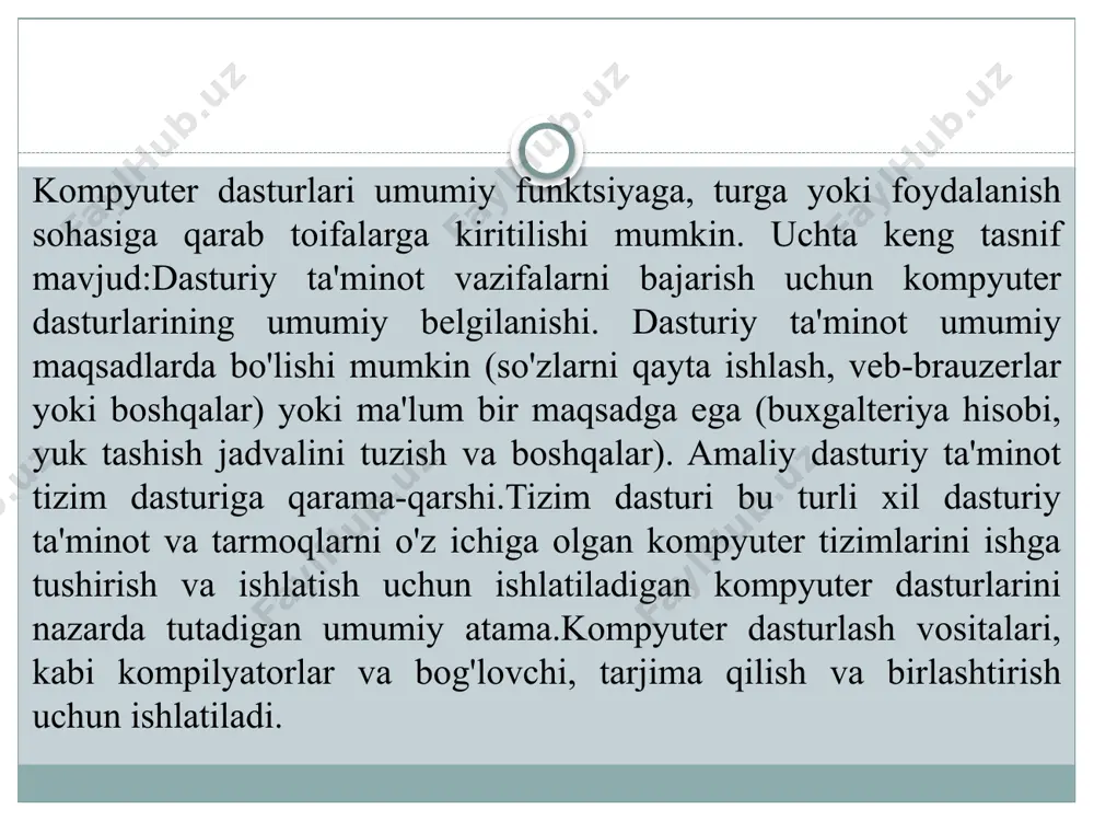 i cd va dvd disklari multimedia vositalari multimedia vositalari yordamida axborotlarni matnli, tasvirli, tovushli va animatsiyali ko'rinishda namoyish etish mumkin. multimediali axborot resurslari animatsiyali, audio va video ma'lumotlardan tarkib topadi. multimedia vositalari bu: nutqli axborotni kiritish-chiqarish qurilmalari (mikrofon, kuchaytirgichlar, tovush kolonkalari); animatsion va video ma'lumotlarni kiritish va chiqarish qurilmalari (videokameralar, videoproektor va ekranlar) tovushli va video ma'lumotlarni saqlovchi optik disklar video animatsiya matn tasvir multimedia ma'lumotlari strukturasi multimedia resurslari tarkibini tashkil etuvchi ma'lumotlar turlari va ularning o'zaro bog'liqlik sxemasi multimedia audio grafiklar jadvallar printerlarning quyidagi turlari mavjud ignali printerlar oqimli printerlar lazerli printerlar bu printerlar ichida eng qadimgisi bo'lib, uning mexanizmi 1964 yil seiko epson kompaniyasi tomonidan kashf qilingan. ibm kompaniyasi tomonidan 1976 yil ishlab chiqarilgan. hewlett-packard va canon firmalarining hamkorligida 1980 yillar boshida hp laserjet rusumidagi printerlar ishlab chiqildi. ignali printerlarning afzalligi: uning o'zini va ishlatiladigan materiallarning arzonligi; bir vaqtning o'zida bir nechta nusxani bosmaga chiqarish mumkinligi. kamchiligi: sifatining …