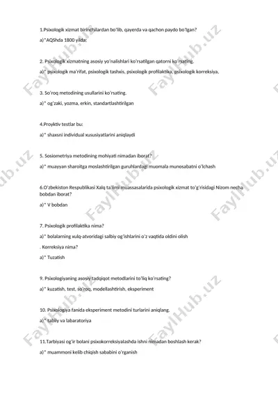 psixologik xizmatlar savollar — DOCX