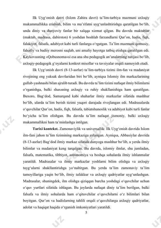 qan yetuk bo‘lib, jamiyatga foyda keltirishga mas’ul edi. bu yondashuv bugungi kunda ham zamonaviy ta’limda mavjud bo‘lib, o‘quvchilarning nafaqat bilim olish, balki axloqiy va jamiyatga foyda keltiruvchi shaxslar bo‘lib shakllanishi kerakligi ta’kidlanadi. ta’lim mazmuni. ilk uygʻonish davrida ilm-fan uch asosiy toifaga bo‘lingan edi: islomiy ilmlar, yunon falsafasi asosidagi tabiiy-falsafiy fanlar va adabiyot. islomiy ilmlar asosan qur’on va hadislarni o‘rganish, fiqh (islom qonunshunosligi) va tajvid kabi sohalarni o‘z ichiga olgan. yunon falsafasi tabiiy fanlar, masalan, astronomiya, fizika va matematika, tabiatshunoslikni o‘rganish uchun asos bo‘lib xizmat qilgan. fors-tojik adabiyotining katta merosi ham o‘sha davrda rivojlangan bo‘lib, unda axloqiy qadriyatlar, siyosat, ta’lim va jamiyatga doir masalalar muhokama qilingan. ilk uygʻonish davrida ta’limning interdisipliner yondashuvi mavjud bo‘lib, ilmiy va axloqiy bilimlar bir-birini to‘ldirgan. qur’on va sunnat asosidagi ruhiy tarbiya bilan birga, ilmiy tafakkur ham rivojlanishi uchun imkoniyat yaratilgan. shunday qilib, ta’lim nafaqat bilim berishga qaratilgan, balki ruhiy va axloqiy tarbiya ham o‘rganilgan. bu yondashuv …