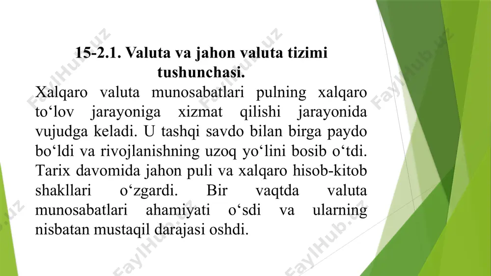 l vositalari ishlatiladi: - oltin, hozirda o‘zining asosiy to‘lov va hisob-kitob vositasi xususiyatini yo‘qotgan bo‘lsada, ammo ko‘pchilik valuta zahiralarining sezilarli qismini tashkil etadi va muhim tashqi savdo operatsiyalariga xizmat qilish va kreditlashni kafolatlash uchun ishlatiladi; - jahonda asosiy o‘rin tutuvchi rivojlangan mamlakatlarning miliiy valutalari (aqsh dollari, yevro, ingliz funt-sterlengi, yaponiya ienasi va boshqalar); - xalqaro pul birliklari. bunday pul birliklariga shu paytga qadar foydalanilgan ekyu, sdr misol bo‘la oladi. ular barcha mamlakatlar tomonidan tashqi savdo operatsiyalarini amalga oshirishda ishlatiladi. xorijda kreditlash va investitsiyalashda, chet ellik ishchi kuchi mehnatiga, shuningdek, mamlakat valuta zahiralarini yaratishda qo‘llaniladi. xalqaro valuta yoki xalqaro to‘lov-hisob va kreditlash vositalariga javob berishi kerak bo‘lgan talab ularning konvertirlashuvi hisoblanadi. valuta konvertirlashuvi deganda uni boshqa xorijiy valutalarga almashish qobiliyati tushiniladi. hozirgi paytda ular erkin konvertirlanadigan, qisman konvertirlanadigan va konvertirlanmaydigan valutalarga ajratiladi. erkin konvertirlanadigan valuta – bu, amaldagi kurs bo‘yicha har qanday boshqa xorijiy valuta erkin va cheklanmagan miqdorda ayirboshlanadigan valutadir. …