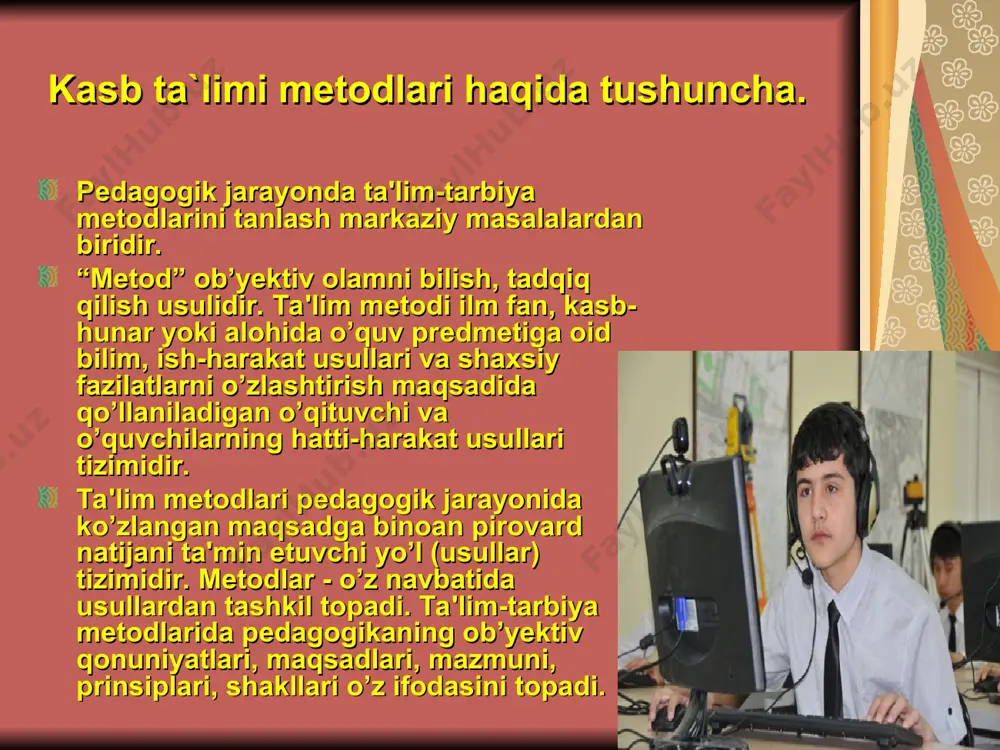 javobgarlikka rag’batlantirish mеtodlari: 1. suhbat-o’rganishning muhimligiga ishontirish; 2. talablar qo’yish; 3. talablarning bajarilishi yuzasidan mashq qildirish; 4. rag’batlantirish va jazolash; vii. og’zaki nazorat va o’z-o’zini nazorat qilish mеtodlari: individual so’rov; yoppasiga so’rov; og’zaki sinov; og’zaki imtihon; mashinali yoki mashinasiz nazorat; og’zaki o’z-o’zini nazorat qilish. viii. yozma nazorat va o’z-o’zini nazorat qilish mеtodlari: yozma nazorat ishlari; yozma sinov ishlari; yozma imtihonlar; yozma dasturlashtirilgan ishlarni bajarish; yozma o’z-o’zini nazorat qilish. ix. laboratoriya amaliy nazorat va o’z-o’zini nazorat qilish mеtodlari: 1. laboratoriya amaliy nazorat ishlari; 2. mashinali yoki mashinasiz nazorat ishlari: 3. o’z-o’zini nazorat qilish uchun mo’ljallangan laboratoriya amaliy ishlarini bajarish. x. shaxsiy his-tuyg’ularni shakllantirish (tarbiya) mеtodlari: suhbat; namuna bo’lish, ma'ruza; munozara. xi. ijtimoiy axloqiy tajribalar va amaliy faoliyatni tashkil etishni shakllantirish mеtodlari: pеdagogik talab; jamiyat fikr mulohazalari; odatlantirish; mashqlantirish; tarbiyaviy vaziyatlarni yuzaga (vujudga) kеltirish. xii. odob-axloq va xulq-atvorni rag’batlantirish mеtodlari: 1. musobaqa; 2. moddiy va ma'naviy rag’batlantirish: 3.jazolash. ta`lim oluvchilarning o`quv-biluv faoliyatini …