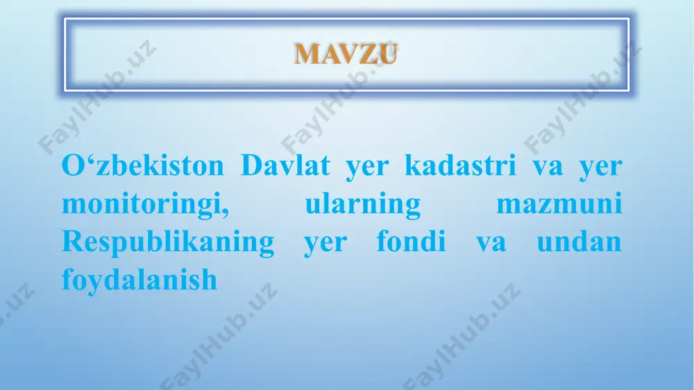ik hisobotlarni taqdim etishlari shart; ulardan foydalanishning ijtimoiy, iqtisodiy va ekologik samaradorligi; yerdan foydalanish samaradorligini baholashning ilmiy asoslangan usullariga, tegishli yer kadastr axborot ta’minotiga va yer axborot tizimidan foydalanish imkoniyatiga ega bo‘lishi; tegishli davlat rejalashtirish organlari bilan birgalikda ularga berilgan yerlardan foydalanish dasturlarini ishlab chiqadi; yerlardan foydalanish va sifat holatini uzoq muddatli yaxshilash, ularni muhofaza qilish va takror ishlab chiqarish bo‘yicha tavsiyalar beradi. shu munosabat bilan davlat vakolatli organlari tomonidan yuridik va jismoniy shaxslar tomonidan yerlardan maqsadli foydalanish va ularni muhofaza qilish ustidan nazoratni amalga oshirish zarur, bu yerdan foydalanishning ajralmas qismi – yer monitoringini amalga oshirish zarurligini oldindan belgilab beradi. yer monitoringi ma'lumotlari yerdan foydalanishning ko'plab muammolarini hal qilish uchun zarurdir, jumladan: yerdan oqilona va samarali foydalanish, yer resurslarini ko'paytirish, ularni muhofaza qilish, yerdan foydalanishning huquqiy rejimiga rioya qilish, ulardan foydalanishni rejalashtirish va boshqalar. kontseptsiya. monitoring (inglizcha "monitoring" so'zidan olingan) kuzatish degan ma'noni anglatadi. kuzatish tabiiy muhitda sodir bo'ladigan …