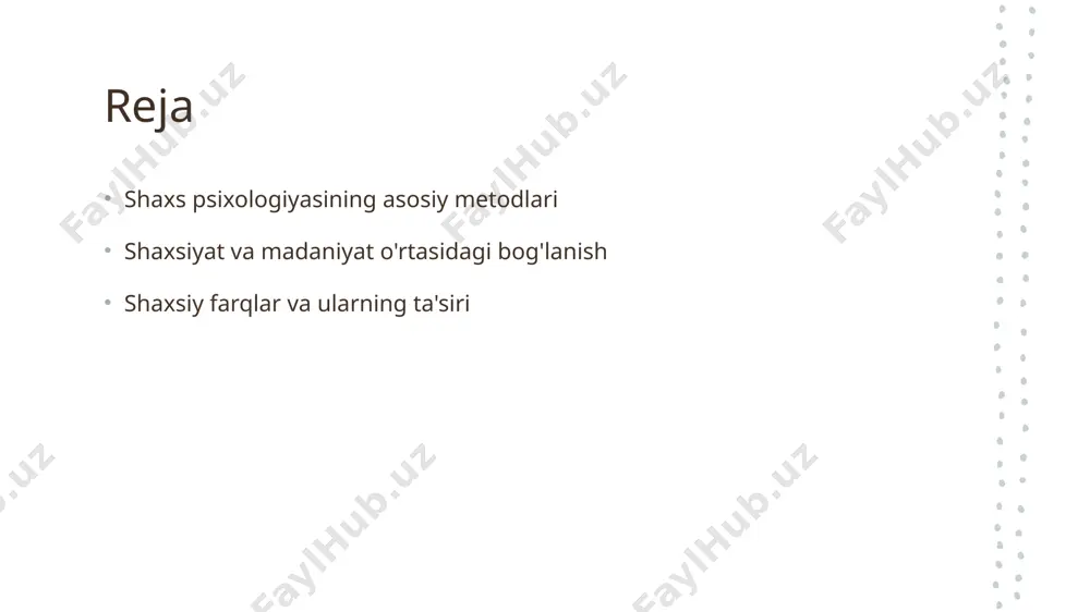 hun o'tkazilgan tadqiqotlar, milliy madaniyat va an'analar ta'sirini ko'rsatadi, bu metodologik yondashuvlarni boyitadi. qiyosiy metodlar: shaxsiy farqlarni aniqlashda muhim rol. 1 qiyosiy metodlar qiyosiy metodlar, shaxsiy farqlarni aniqlashda asosiy rol o'ynaydi. ular shaxsiyatni turli kontekstlarda taqqoslab, har bir individning o'ziga xos xususiyatlarini ochib beradi. 2 taqqoslash jarayoni taqqoslash jarayoni, turli shaxslar o'rtasidagi farqlarni aniqlash uchun muhimdir. bu jarayon, tadqiqotlarda shaxslarning xulq-atvorini va fikrlash usullarini solishtiradi. 3 madaniyat va farqlar madaniyat, shaxsiy farqlarga ta'sir etuvchi omil sifatida, qiyosiy metodlar orqali o'rganiladi. o'zbekiston misolida, madaniy kontekst shaxsiyatni shakllantirishda muhim rol o'ynaydi. madaniy kontekstda shaxs psixologiyasi metodologiyasi. 1 madaniy ta'sir shaxs psixologiyasida madaniyat insonning fikrlash, xulq-atvor va hissiyotlarini shakllantiruvchi asosiy omil sifatida ko'riladi. 2 mahalliy yondashuv o'zbekistonda shaxs psixologiyasini o'rganish mahalliy qadriyatlar va an'analar kontekstida amalga oshiriladi, bu psixologik tahlilni boyitadi. 3 madaniyat va shaxsiyat madaniyat shaxsiyatni shakllantirishda muhim rol o'ynaydi, u individual farqlarni va ijtimoiy muloqotdagi o'zaro ta'sirlarni belgilaydi. psixologik o'lchovlar: shaxsiyatni …