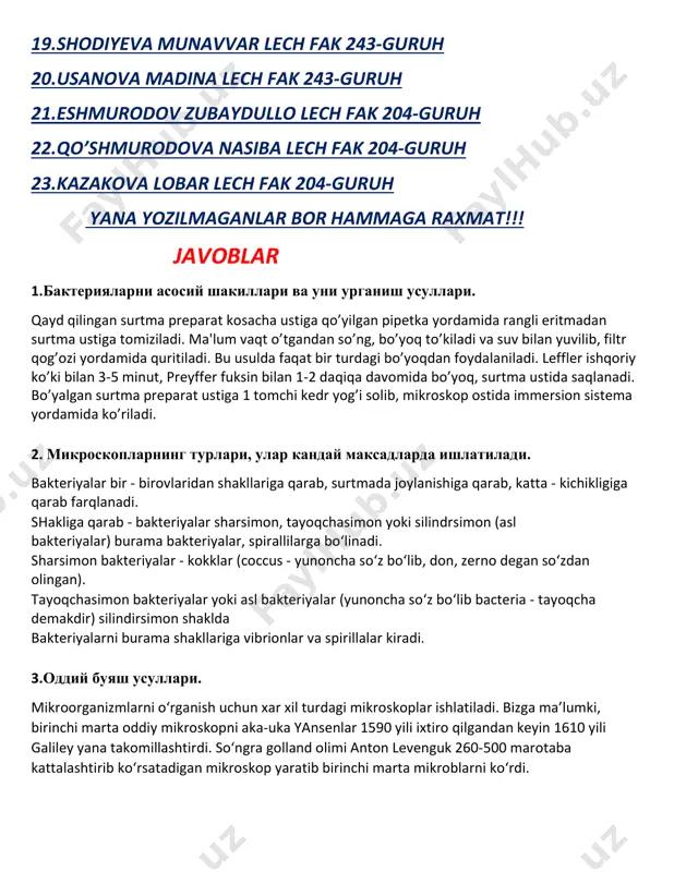, zerno degan so‘zdan olingan). tayoqchasimon bakteriyalar yoki asl bakteriyalar (yunoncha so‘z bo‘lib bacteria - tayoqcha demakdir) silindirsimon shaklda bakteriyalarni burama shakllariga vibrionlar va spirillalar kiradi. 3.оддий буяш усуллари. mikroorganizmlarni o‘rganish uchun xar xil turdagi mikroskoplar ishlatiladi. bizga ma’lumki, birinchi marta oddiy mikroskopni aka-uka yansenlar 1590 yili ixtiro qilgandan keyin 1610 yili galiley yana takomillashtirdi. so‘ngra golland olimi anton levenguk 260-500 marotaba kattalashtirib ko‘rsatadigan mikroskop yaratib birinchi marta mikroblarni ko‘rdi. odatda qullanilayotgan mikroskoplar yorug‘lik, ya’ni biologik mikroskop deb yuritiladi. okulyarning kattalashtirib ko‘rsatish darajasi uning halqasidagi 7x 8x va 15x belgilar bilan ifodalanadi. tubusning pastki uchida revolver vositasida ob’ektiv o‘rnatiladi. ob’ektivlar ustiga 8x, va 20x 40x yoki 90x ishoralari yozilgan bo‘lib, ular ob’ektivlarni necha barobar katta qilib ko‘rsatishini ifodalaydi. mikroorganizmlarni tekshirganda asosan 90 x yoki 100 x li ob’ektivlar ishlatiladi va ishlatish vaqtida tayyorlangan preparatga kedr yog‘i kastorka moyi tomiziladi. bundan tashqari flyuoressentli mikroskop ishlatiladi. bu mamlakatda birinchi ishlab chiqilgan bo‘lib, …