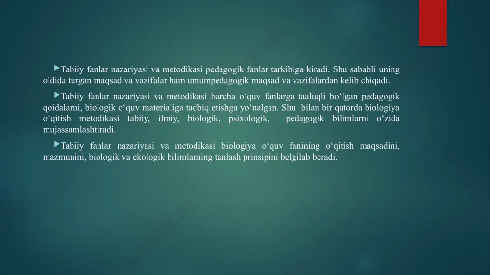 lish, umumlashtirish va xulosalash; 5.olingan ma’lumotlarga asoslanib, metodik maqolalar, qo‘llanmalar yaratish va ishlab chiqilgan fikr mulohazalarning ommaviy maktablarda tekshirishdan o‘tkazish va tasdig‘ini olish. hozirgi davrga kelib, biologiya o‘qitish metodikasida o‘tkazilgan pedagogik tajribalar natijasida «biologik va ekologik tushunchalarni rivojlantirish», «biologiya va ekologiyada o‘qitish shakllarining sistemasi», «biologiya va ekologiyada o‘qitish metodlari», «biologiyada ekologik tushunchalarni rivojlantirish», «biologiya va ekologiya o‘qitishning moddiy bazaviy sistemasi», «pedagogika oliy o‘quv yurtlari talaba biologlarning maktabdagi ishga metodik tayyorlash sistemasi» «oliy o‘quv yurtlari talaba ekologlarning maktabda va kasb-xunar kollejlari va akademik litseylardagi ishga metodik tayyorlash sistemasi» kabi nazariyalar ishlab chiqilgan va amaliyotga tadbiq etilgan. 4-sinfda tabiatshunoslikni o’qitish metodikasi. tabiatshunoslikni alohida o’quv fani sifatida o’qitish 4-sinfda ham davom etadi. o’quv materiali “yer – quyosh sistemasidagi sayyora”, “yer yuzi tabiatining xilma-xilligi”, “vatanimiz bo’ylab sayohat” mavzulariga birlashtirilgan. “yer – quyosh sistemasidagi sayyora” mavzusini o’rganishning boshlanishida bolalar yozgi topshiriqlarga yakun yasaydilar, jonajon o’lka tabiati to’g’risidagi materialni takrorlaydilar, keyin “yulduzlar”, “quyosh” mavzulari bilan tanishadilar. …