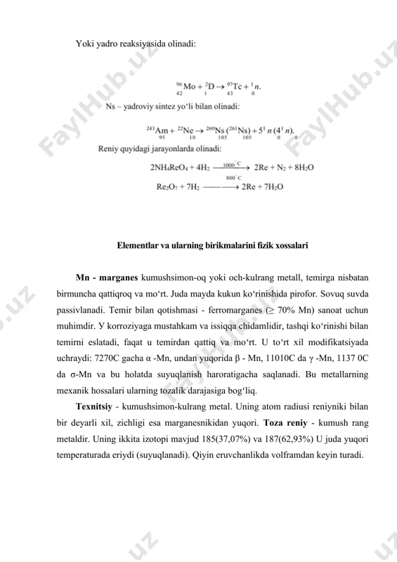 kirishmaydi. xlorid, ftorid kislotalar hamda suyultirilgan sulfat kilotalar reniyni eritmaydi. nitrat kislota esa reniyni hreo4 kislotaga oʻtkazadi. ishqorlar bilan ta’sirlashib reniy kislotasining tuzlarini (kreo4, nareo4) hosil qiladi. oltingugurt u bilan ta’sirlashib: re +s >re s 2, re;s, sulfidlarni hosil qiladi. tibbiyotdagi oʻrni marganes odam organizmida 1· 10-3% uchraydi. marganesning katta qismi mushaklarda, bosh miyada, buyrak, suyaklarda va boshqa organ va toʻqimalarda mavjud. bir sutkada unga boʻlgan ehtiyoj 6 mg.ni tashkil etadi. oʻsish va rivojlanishda muhim boʻlgani uchun yosh bolalarga koʻproq miqdorda talab etiladi. organizmda sakkiz oksidlanish darajasidan asosan mn+2, mn+3 va ba’zan mn+4 holatlarda mavjud boʻladi. uning anion hollarda uchrashi ehtimoli juda kam. ushbu element oʻsish va rivojlanishda qatnashish bilan birga koʻpayish, hujayralar boʻlinishi, jigar toʻqimalarida oksidlanuv fosforillanish, gormonlar faoliyatini (masalan, insulinni va boshqalarni) kuchaytirish kabi jarayonlarda qatnashadi. odam va ba’zi hayvonlarning qoni tarkibida 0,02 mg/l marganes boʻladi. marganes temir, kobalt va mis bilan birgalikda qon hosil boʻlishida ishtirok etadi, …