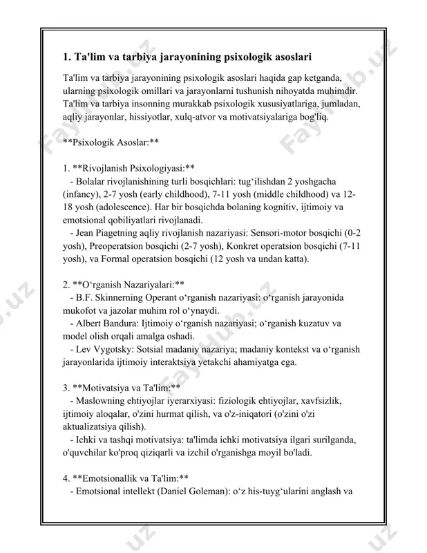 ar o’rtasidagi hamkorlik jarayonidir. ushbu jarayonda bilim, ko‘nikma va malakalar o‘quvchilarga o‘rgatiladi va ularning shaxsiy sifatlari rivojlanadi. ta'lim jarayoni uch asosiy komponentdan iborat: didaktik (o'quv materiali), pedagogik (o'qitish usullari), va nazorat (bilimlarning baholanishi). **2. o‘quv motivatsiyasi**: o‘quv motivatsiyasi - bu harakatga undovchi ichki yoki tashqi kuchdir. u o‘quvchilarning muvaffaqiyatga erishishga, qiziqishga va o‘rganishga bo‘lgan ishtiyoqini belgilaydi. motivatsiya quyidagi turlarga bo'linadi: ichki motivatsiya (shaxsning ichki ehtiyojlari va qiziqishlari bilan bog'liq) va tashqi motivatsiya (tashqi rag'batlantiruvchi omillar, masalan, mukofotlar yoki intizomiy ta'sir). **3. rivojlanish bosqichlari**: pedagogik psixologiya insonning rivojlanish bosqichlarini ta'lim bilan bog’liq jihatdan o‘rganadi. jean piagetning kognitiv rivojlanish nazariyasi va lev vygotskiyning madaniy-tarixiy nazariyalari bunga misollar bo'ladi. piagetning nazariyasiga ko'ra, bolalar kognitiv rivojlanishning to'rt asosiy bosqichidan o'tadi: 1) sensorimotor, 2) preoperatsional, 3) konkret operatsion va 4) formal operatsion. **4. o‘quv usullari**: pedagogik psixologiyada o‘rganish jarayonida ishlatiladigan usullar keng tadqiq qilinadi. ushbu usullarga misol sifatida taqlidiy o‘rganish (observatsiya orqali o‘rganish), faoliyatli o‘rganish …