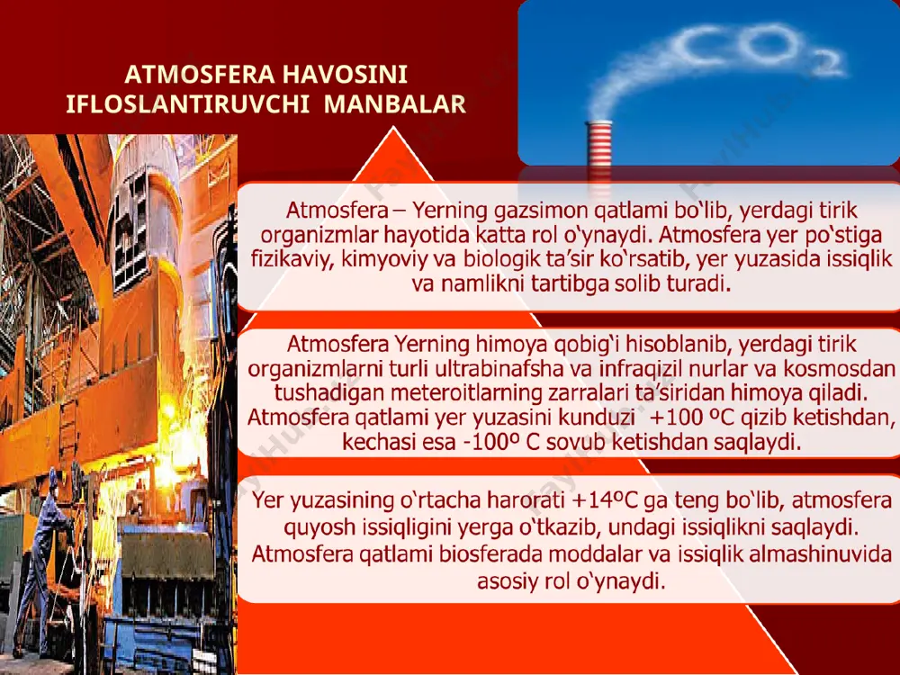 ing neft-gaz sanoati og‘ir sanoatning ulkan tarmoqlaridan biri hisoblanib, buxoro, qashqadaryo, surxondaryo viloyatlarida neft va gaz qazib olish amalga oshirilyapti, qoraqalpog‘iston respublikasi hududidagi ustyurtda gaz konlarini o‘zlashtirish olib borilmoqda. mustaqillik davrida suyuq uglevodorodlarni qazib olish deyarli 3 barobarga ortdi, bu neftni import metallurgiya: metallurgiya sanoati tashlamalariga barcha turg‘un manbalardan atmosferaga tashlanadigan tashlamalar umumiy miqdorining taxminan 15%i to‘g‘ri keladi. tabiatni muhofaza qilish bo‘yicha o‘tkazilayotgan chora-tadbirlarga qaramay, «okmk» oaj respublikada atmosfera havosini ifloslantiruvchi yirik manba bo‘lib qolmoqda. respublika bo‘yicha barcha turg‘un manbalar tomonidan chiqarilayotgan chiqindilarning 12% va oltingugurt dioksidining 26%i ushbu tashkilot hisobiga to‘g‘ri keladi. 2004-yilda atmosferaga ifloslantiruvchi moddalarni chiqarish hajmi 106,2 tonnani tashkil etdi. havoni ifloslantiruvchi manbalar : transport issiqlik elektrostansiyalari . sanoat ob’ektlari tuproq * e’tiboringiz uchun rahmat!