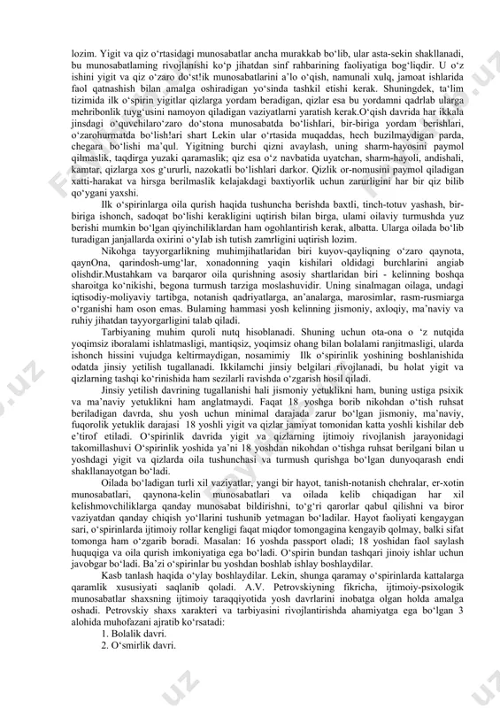 yon - bu odamlarning oldingi avlodlari yutuqlarini o‘zlashtirish yoki o‘zlashtirishning o‘ziga xos jarayoni…bu jarayon bolaning bu inson yutuqlari mujassamlangan tevarak-atrofdagi olam narsa va hodisalariga nisbatan faoliyatida amalga oshiriladi”. bolaning faol motivatsion faoliyatida uning shaxsiyati shakllanadi. bundan tashqari, bu shakllanish birinchi navbatda ontogenezning ushbu bosqichida yetakchi bo‘lgan, bola shaxsiyatining psixologik xususiyatlarida (muloqot, o‘yin, o‘rganish, mehnat) ruhiy jarayonlarda asosiy o‘zgarishlarni keltirib chiqaradigan faoliyat ta'siri ostida sodir bo‘ladi.haqiqatdan ham bola ozligini bu yosh davrda yana ham anglay boshlaydi.ilk o‘spirinlik yoshidagi emotsional holat haqida to‘xtaladigan bo‘lsak,o‘spirin bu yoshda emotsional bosqichni bosib o‘tadi va anglay boshlaydi.o‘spirinning o‘ziga va o‘zgalarga bo ‘lgan e’tibori oshadi chunki unda anglanilganlik darajasi oshadi va uning uchun har bir narsa albatta qiziq.aynan bu yosh davrda emotsional holatlarni ifodalash usullari va emotsional reaksiyalar differensiallashishini hamda o‘z-o‘zini nazorat qilish va o‘z-o‘zini boshqarishning ortishini kuzatish mumkin. ilk o ‘spirinlarning kayfiyati nisbatan barqaror va anglangan hamda ijtimoiy sharoitning keng doirasiga mos ravishda bo‘ladi.doimo hissiyot vujudga …