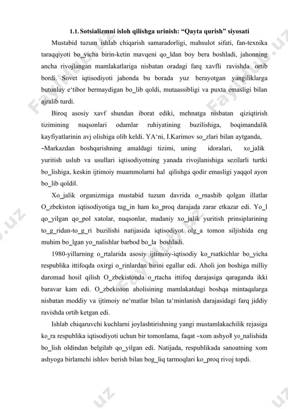 d bo‗la boshladi. 1980-yillarning o‗rtalarida asosiy ijtimoiy-iqtisodiy ko‗rsatkichlar bo‗yicha respublika ittifoqda oxirgi o‗rinlardan birini egallar edi. aholi jon boshiga milliy daromad hosil qilish o‗zbekistonda o‗rtacha ittifoq darajasiga qaraganda ikki baravar kam edi. o‗zbekiston aholisining mamlakatdagi boshqa mintaqalarga nisbatan moddiy va ijtimoiy ne‘matlar bilan ta‘minlanish darajasidagi farq jiddiy ravishda ortib ketgan edi. ishlab chiqaruvchi kuchlarni joylashtirishning yangi mustamlakachilik rejasiga ko‗ra respublika iqtisodiyoti uchun bir tomonlama, faqat ―xom ashyo‖ yo‗nalishida bo‗lish oldindan belgilab qo‗yilgan edi. natijada, respublikada sanoatning xom ashyoga birlamchi ishlov berish bilan bog‗liq tarmoqlari ko‗proq rivoj topdi. sanoatdagi tayyor mahsulotning salmog‗i umumiy mahsulotlarning fakat 25%ni, xalq iste‘mol mollarini ishlab chiqarish esa o‗rtacha ittifoq darajasining faqat 40%ini tashkil qilar edi. iqtisodiyot tizimidagi va ishlab chiqarishning ixtisoslashuvidagi xatoliklar o‗zbekiston resurs imkoniyatlari va ekologik illatlarining ortishiga, moddiy va moliyaviy ahvolning yomonlashuviga olib keldi. o‗zbekiston sanoat ishlab chiqarishining ko‗payishi, asosan paxta tozalash, yoqilg‗i sanoati resurs sohalari, qora va rangli metallurgiya tarmoqlari hisobiga ta‘min etildi. …