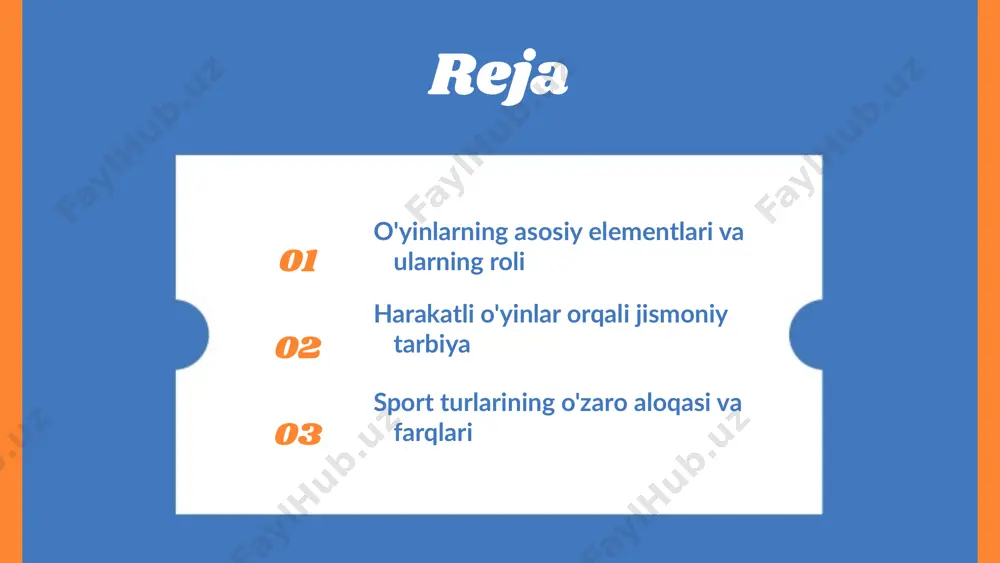 bu o'yinlarda ishtirok etish mushaklarni kuchaytiradi, muvozanatni rivojlantiradi va koordinatsiyani yaxshilaydi. misol uchun, futbol va basketbol kabi o'yinlar jismoniy faoliyatni rag'batlantiradi va ijtimoiy ko'nikmalarni rivojlantiradi. photo by freddie marriage on unsplash harakatli o'yinlarning foydalari 1. sog'liqni yaxshilash: yurak-qon tomir tizimini mustahkamlash, vaznni nazorat qilish. 2. ijtimoiy ko'nikmalar: jamoada ishlash, do'stlik va raqobatni rivojlantirish. 3. psixologik foyda: stressni kamaytirish, o'z-o'zini anglash. foyda va ta'sirlar sog'liqni yaxshilash ijtimoiy ko'nikmalar psixologik foyda o'yinlarning ijtimoiy roli ijtimoiy hayotdagi ahamiyati o'zaro tushunish va muloqot ijtimoiy ko'nikmalarni rivojlantirish photo by altumcode on unsplash photo by altumcode on unsplash photo by altumcode on unsplash sport turlarining o'zaro aloqasi sport turlari o'zaro bog'liq bo'lib, bir-biriga tajriba va qoida orqali ta'sir qiladi. ularning umumiy tamoyillari quyidagilardir: - o'yin qoidalari: har bir sport turi o'ziga xos qoidalar va me'yorlarga ega. - jamoaviylik: ko'plab sport turlari jamoalarda o'ynaladi, bu esa o'zaro aloqani kuchaytiradi. - raqobat: sport turlari o'rtasida raqobat mavjud bo'lib, …