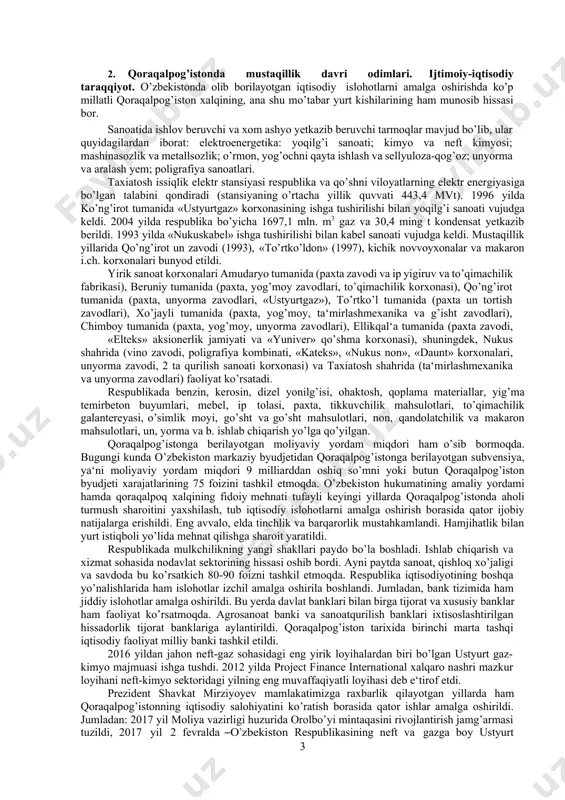 taqdirini o’zi belgilash, mustaqil taraqqiyot hamda milliy davlatchilikni mustahkamlashdagi roli oshdi. kelajakka qat‘iy ishonch bilan qaraydigan, olis istiqbolni yaratishning kafolatini beradigan huquqiy maqomga ega bo’ldi. bundan tashqari o’zbekiston respublikasining konstitutsiyasida belgilanganidek, qoraqalpog’iston respublikasi o’zbekiston respublikasi tomonidan himoya qilinadi (70- modda). konstitutsiyaning 21-moddasiga asosan qoraqalpog’iston respublikasi fuqarosi ayni paytda o’zbekiston respublikasi fuqarosi hisoblanadi. bu qoraqalpoq xalqiga o’zbekiston xalqlarining barcha huquqlaridan foydalanish imkonini beradi. ularning haq-huquqlari va erkinliklarini kafolatlaydi. qoraqalpog’iston respublikasi taraqqiyoti uchun qator huquqiy imkoniyatlar yaratildi. masalan, o’zbekiston respublikasi oliy majlisi va o’zbekiston respublikasi prezidenti huzurida qoraqalpog’iston respublikasining huquqiy vakilligi mavjud. o’zbekiston konstitutsiyasining 86-moddasida mustahkamlab qo’yilganidek, o‘zbekiston respublikasi oliy majlisi senati raisining o‘rinbosarlaridan biri qoraqalpog’iston respublikasining vakili bo‘ladi. o’zbekiston respublikasi konstitutsiyasining 98-moddasiga binoan qoraqalpog’iston respublikasi hukumati rahbari lavozimi bo’yicha o’zbekiston respublikasi vazirlar mahkamasi tarkibiga kiradi. 107-moddaga binoan esa o’zbekiston respublikasi konstitutsiyaviy sudi, oliy sudi, oliy xo’jalik sudi tarkibiga qoraqalpog’iston respublikasining xuddi shunday sud organlarining rahbarlari kiradi. sud hujjatlari o’zbek tili bilan …
