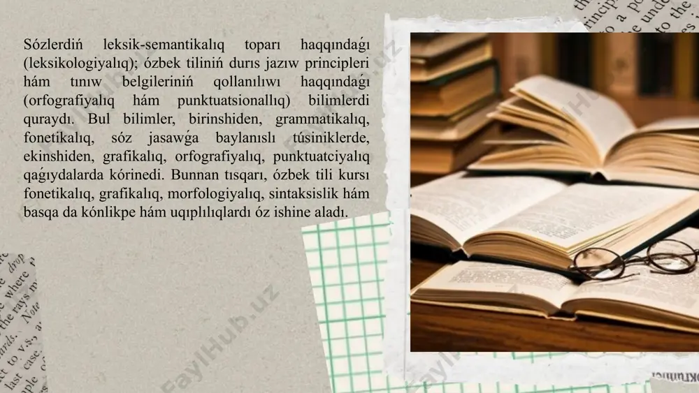 ilimlerdi tómendegi shınıǵıwlardan paydalanıp bekkemlew hám de qosımsha maǵlıwmatlar berip oqıwshılardıń bilimin bayıtıp barıw múmkin. ajıratıp kórsetilgen sózlerdi kóshiredi hám bul sózlerdiń aytılıwı hám jazılıwına itibar beredi. ajıratıp kórsetilgen sózler: shınıǵıw, terek, dánekerlew. berilgen tapsırmanıń shárti tiykarında jazıw dápterine husnixat tiykarında kóshiredi. oqıwshılardıń ayırımların tańlap usı sózlerdi aytıladı. kóbinese baqlanatuǵın jaǵday júzege keledi. mashq sözini aytıwda sh hám q seslerin arasına i sesin arttırıp aytıw hám arttırıp jazıw jaǵdayı ushırasadı. bunı oqıwshılarǵa aytıwında hám jazıwda i sesisiz aytıwǵa hám jazıwǵa úyretiledi. bunda kóbirek kóz yadına tayanıp kónlikpe payda etiledi. paydalanilg’an a’debiyatlar. 1.rizaev, r. (2010). ana tili sózlikleri:. 2.akademiyasi.mustafayev, i. (2015). qaraqalpaq tili sabaqliq. 3.sultonova, n. (2018). fonetikani uyreniw. 4.yuldashev, b. (2012).baslanǵish talimge sabaq beriw. itibarin'iz ushun raxmet! image1.jpeg image2.png image3.png image4.png image5.png image6.png image7.png image14.jpeg image15.jpeg image16.png image17.png image56.png image57.png image25.jpeg image26.jpeg image27.png image28.png image58.jpeg image59.png image60.png image61.png image62.png image52.jpeg image53.png image54.png image55.jpeg