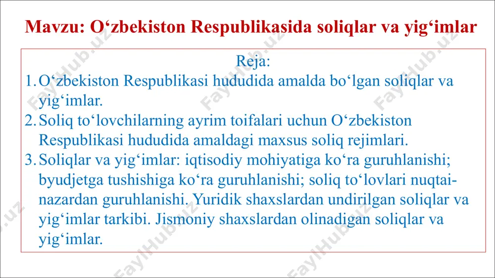 i tartibga solish ushbu tushunchalarni bir qator vositalar orqali amalga oshiradi soliq tizimiga, xususan, soliqlar yoki ularga tenglashtirilgan to‘lovlar tizimi (majmui) sifatida qarash mumkin emas. soliq solishning muhim shart-sharoitlariga quyidagilar: soliqlarni belgilash va amalga kiritish tartibi, soliqlarning turlari, ularni byudjet darajalari o‘rtasida taqsimlash tartibi, soliq nazoratini amalga oshirish shakllari va uslublari, soliq to‘lovchilarning huquqlari, majburiyatlari, ular manfaatlarini himoya qilish usullari, soliq munosabatlari ishtirokchilarining javobgarligi kiradi va shu bilan birga ushbu elementlar soliq tizimining tarkibiy unsurlari ekanligini ta’kidlaydi. soliq tizimini ana shu elementlarning majmuasidan iborat bo‘lgan va ular o‘rtasidagi munosabatlar majmuasidan kelib chiqqan holda ifodalash mumkin. umuman olganda soliq tizimini tarkiban soliqqa tortish tamoyillari, soliq siyosati, soliqqa tortish tizimi, soliq mexanizmi kabilarga ajratish mumkin. ushbu elementlar bevosita mamlakatda amal qilayotgan soliqlarning tarkibini belgilab beradi. sol iq t iz imining asosi bo‘ lgan sol iq lar o‘z iga xos xususiyatlariga, bir qator belgilariga ko‘ra guruhlanadi. soliqlarning guruhlanishi ularning obyektiga, xo‘jalik yurituvchi subyektlarning …