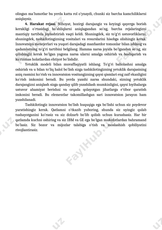 n so'ng, innovatsiyalar yetukligini oshirish bo'yicha aniq qadamlarni muhokama qilish vaqti keldi. rivojlanishni boshlash uchun quyidagilarni qilishingiz mumkin: 1. hozirgi darajangizni bilib oling. boshlash uchun, avvalo, tashkilotingizning joriy innovatsion yetuklik darajasini aniqlashingiz kerak. muammo shundaki, ba'zi tashkilotlar haqiqatni tan olishdan bosh tortadilar. buni amalga oshirish uchun sizning hozirgi darajangizni aniqlashda shafqatsiz halollik bo'lishi kerak. baholash odatda anketa kabi baholash orqali amalga oshiriladi. masalan, siz innovatsion yetuklikni tezkor skanerlash vositasidan foydalanishingiz mumkin. mavjud darajangizni to'g'ri baholash uchun e'tiborga olish kerak bo'lgan omillardan biri bu baholashni olish uchun turli darajadagi iloji boricha ko'proq xodimlarga ega bo'lishdir. shunday qilib, siz keng qamrovli tushunchaga ega bo'lasiz va turli xodimlar darajalaridagi nomuvofiqliklarni aniqlaysiz. 2. qayerga borishni hohlayotganingizni aniqlang. keyingi qadam, qaysi yetuklik darajasiga erishmoqchi ekanligingizni aniqlashdir. bunga erishmoqchi bo'lgan vaqtingiz uchun vaqt jadvalini belgilash ham muhimdir. bu yerda siz katta dadil qadam bilan maqsad) qo'yishingiz mumkin bo'lsa-da, qisqa muddatli maqsadlaringizda realist va aqlli bo'lishingiz kerak. …