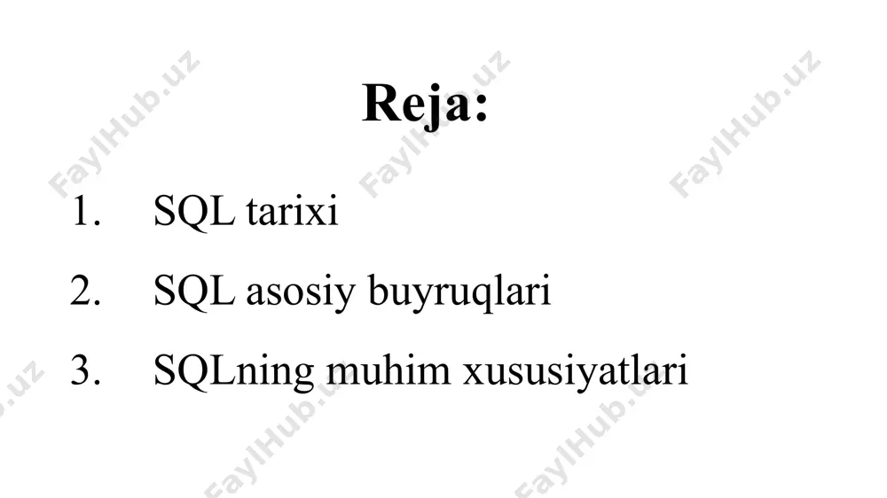 an national standards institute (ansi) va international organization for standardization (iso) tomonidan sql-86 standarti qabul qilindi. bu sqlning rasmiy standarti bo‘lib, keyinchalik bir necha marta yangilandi. 1989 – sql-89 (sql1) sql-86 standartiga kichik yangilanishlar kiritildi, lekin bu hali to‘liq funksional tildan uzoq edi. 1992 – sql-92 (sql2) sqlning katta yangilanishi bo‘lib, unda having, case, join kabi operatorlar joriy etildi. ko‘pgina zamonaviy sql dialektlari sql-92 asosida ishlab chiqilgan. 1999 – sql:1999 (sql3) rekursiv so‘rovlar (with recursive), triggerlar (trigger), olap-funktsiyalar qo‘shildi. obyektga yo‘naltirilgan ma’lumotlar bazalariga moslashish boshlandi. 2003 – sql:2003 xml qo‘llab-quvvatlanishi, window functions (lag, lead, row_number) kabi operatorlar kiritildi. 2008 – sql:2008 merge operatori va yangi tranzaksiya izolyatsiya darajalari qo‘shildi. 2011 – sql:2011 temporal jadval (time travel) imkoniyatlari joriy qilindi. bu jadvalda vaqt bo‘yicha o‘zgarishlarni kuzatish imkonini berdi. 2016 – sql:2016 json (javascript object notation) uchun qo‘llab-quvvatlash kiritildi. hozirgi kunda postgresql, mysql, oracle kabi mbbtlar json bilan ishlash imkoniyatini taklif etadi. …