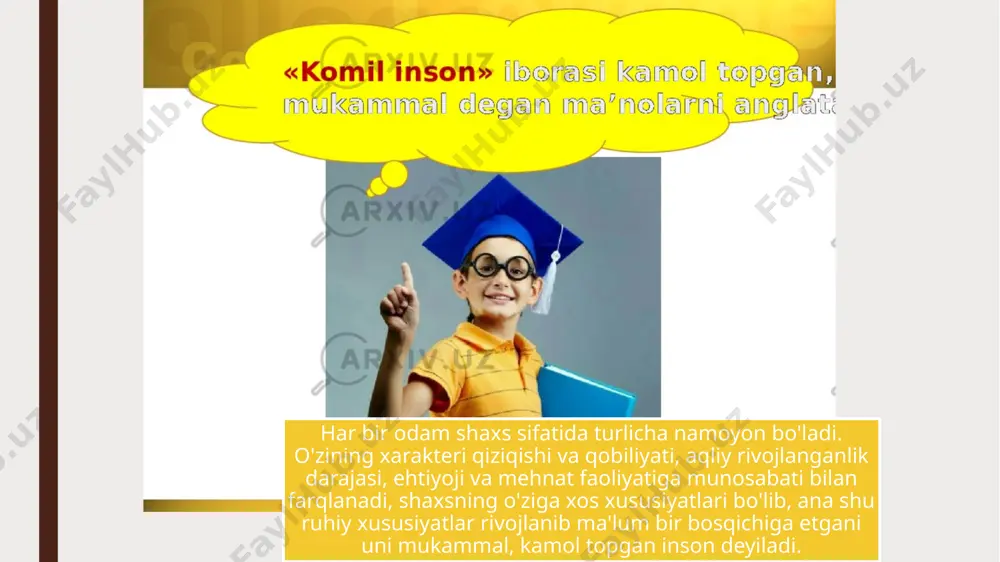 mavjud jamiyatning madaniy darajasiga mos ong egasi bo'ladi. ba'zi biogenetiklar 13, 10 va xatto 8 yoshdan ham mavjud jamiyatning to'laqonli a'zosi bo'la oladi deb hisoblaydi. avtsraliyalik ruxshunos k. byuller hatto bolaning axloqi jihatidan o'sishini ham irsiyatga bog'laydi. bola hayotning datslabki kunlaridan boshlab o'zini o'rab olgan muhitning ta'siri otsida o'sadi va ulg'ayadi. ayni vaqtda bolaga insonlarga xos xususiyat ham irsiyat yo'li bilan tug'ma o'tadi. (aqliy va jismoniy mehnat qilish va shu h.) ammo bo'lar tugma imkoniyatlar bo'lib, ularning rivojlanishi uchun inson bolasi insoniy muhitda, odamlar yashab, ular bilan aloqada bo'lishi kerak. chunki inson biologik mavjudot sifatidagina emas, balki ijtimoiy mavjudot sifatida rivojlanadi va kamolatga yetadi. demak shu yo'l bilan o'tgan aholining o'sishi kamol topishi uchun aqliy faoliyat, shart sharoit bo'lishi kerak. rivojlanishda ta'lim va tarbiyaning roli. jamiyatning bolalar ongiga ta'sir o'tkazishi asosan ta'lim-tarbiya orqali amalga oshiriladi. bolani o'rab olgan muhit mehnat va til oqibat natijasida vositasiga aylanadi. shu sababli inson kamolatida …