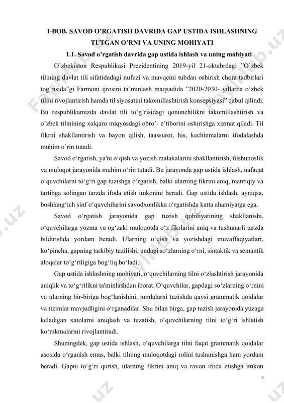 larini o‘zaro bog‘lashni o‘rgatishga qaratilgan. savod o‘rgatish jarayonida gapning tarkibi va tuzilishi, o‘quvchilarning tilni o‘zlashtirish darajasiga bevosita ta'sir qiladi. shuning uchun, gap ustida ishlash o‘quvchilarga quyidagi imkoniyatlarni beradi: 1. fikrni aniq ifoda etish: to‘g‘ri tuzilgan gaplar o‘quvchilarning fikrlarini aniq va ravon tarzda ifodalashga yordam beradi. bu esa o‘quvchilarning og‘zaki va yozma muloqot ko‘nikmalarini rivojlantiradi. 2. grammatik ko‘nikmalarni rivojlantirish: gap qurishda grammatik qoidalarga rioya qilish o‘quvchilarning sintaksis, morfologiya va fonologiya kabi til qoidalarini to‘g‘ri o‘zlashtirishiga yordam beradi. bu, o‘z navbatida, tilning barcha jihatlarini mukammal o‘rganishga turtki bo‘ladi. 3. mantiqiy va tizimli fikrlash: gap qurish jarayoni o‘quvchilarda mantiqiy fikrlash va tizimli yondashuvni shakllantiradi. har bir gap o‘zida ma'no va tarkibiy tuzilmani o‘zaro bog‘lashni talab qiladi, bu esa o‘quvchilarni fikrlarni mantiqan bog‘lash va izchil tarzda ifoda etishga o‘rgatadi. 4. tilni faol qo‘llash: savod o‘rgatish jarayonida gap ustida ishlash, o‘quvchilarga tilni faollashtirish va o‘zaro muloqotda samarali ishtirok etish imkoniyatini beradi. ular tilni amalda, kundalik …