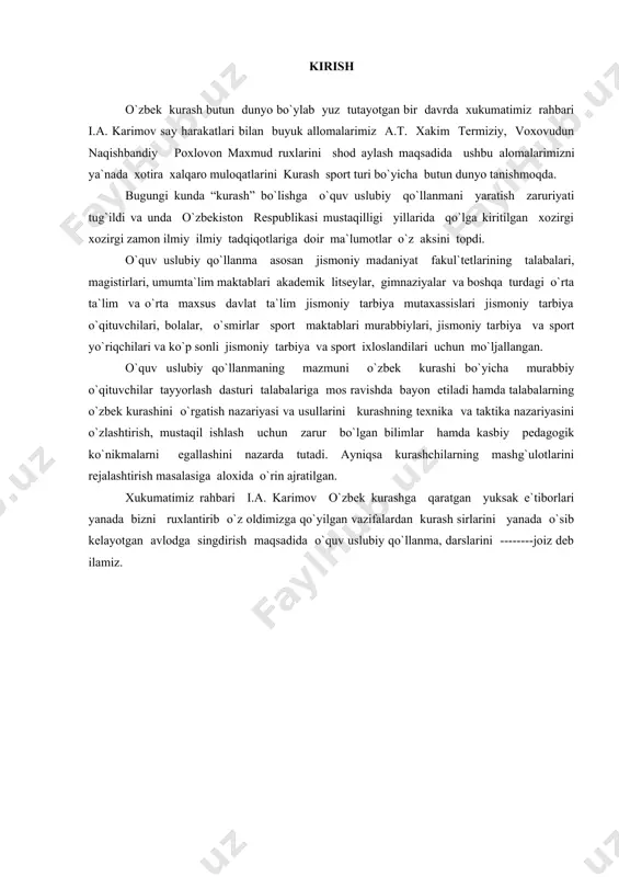 ezmoqda sportni sog`liq garovi ekanligi va ma`lum tana a`zolarini turli jismoniy mashqlar orqali chiniqtirish, shu asosda inson salomatligini ta`minlash abu ali ibn sinoning tibbiy asarlarida alohida qayd etilgan. buyuk bobokolonimiz tana a`zolarining turli qismlarini rivojlantirish bo`yicha turlicha mashqlarni tavsiya etgan, sport turlarining rang-barang va xilma-xilligi ham shundan bo`lsa ehtimol. minglab yillar davomida markaziy osiyoda sportning milliy turlari rivojlantirilgan va takomillashib borilgan. lekin respublikamiz rossiya tomonidan bosib olingach, milliy sport turlari ikkinchi bosqichga surilib, uning o`rniga rus sport turlari kirib kela boshladi. lekin xalq o`zining ko`pkari-“uloq”, “qiz quvmoq” merganlik, kamon, nayza uloqtirish va, ayniqsa, milliy kurash turlarini hech qachon unutmadi, uni doimo takomillashtirib bordi. milliy kurash “farg`onacha kurash” “buxoracha kurash turlariga bo`lingan. kurashning buxorocha turi o`zining texnik ijrosi qonun-qoidalari bilan ovropa, amerika, afrika xalqlarining kurashlariga uxshab ketadi. agar sobiq ittifoq davrida o`quv dasturlariga kiritilganda jismoniy mashqlarni sport turlarini olib ko`rsak, unda sportning milliy turlariga o`rin berilmagan. yurtimiz mustaqillikni qo`lga kiritgach respublikamiz …
