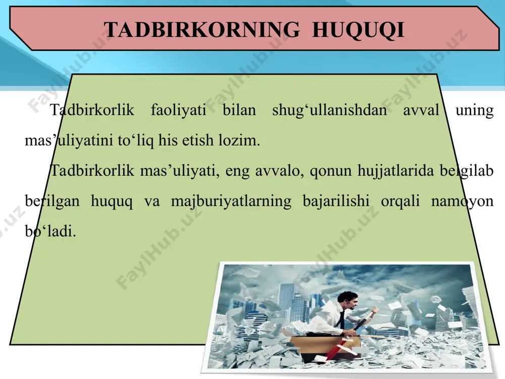 , buning oqibatida ro‘y bergan noxush holatlar, baxtsiz hodisalarga ish beruvchi – tadbirkor to‘liq javobgar bo‘ladi. ekologiya, ya’ni atrof-muhit muhofazasiga e’tibor qilmaslik, ishlab chiqarish chiqindilarini aholi yashash punktlariga, suv havzalariga tashlash, zaharli modda yoki gazlar chiqishining oldini olmaslik, avvalo, shu korxonadagi ishchi va tadbirkorning, qolaversa, barcha jamiyat a’zolarining sog‘lig‘iga putur yetkazadi. halol raqobatlashuv boshqa tadbirkorlar bilan raqobatlashganda faqat uning ruxsat etilgan (halol raqobat) turlaridan foydalanilishi, ayni paytda, iste’molchilarning huquqlarini himoya qilish haqidagi qonun hujjatlari talablariga rioya etilishi lozim. o‘z raqiblarini qo‘rqitish, ularning tijorat yoki sanoat sirlarini o‘g‘irlashga harakat qilish, mol-mulkiga qasddan ziyon yetkazish, raqobatchilarni sindirish uchun demping narx, ya’ni mahsulotni o‘z tannarxidan past bo‘lgan narxda sotish kabi usullar nohalol (g‘irrom) raqobat turlari hisoblanadi. bunday raqobatlashuvning keng yoyilishi iqtisodiyotdagi barqarorlikning buzilishiga, jamiyatda esa jinoyatchilikning kengayishiga olib keladi. to‘g‘ri hisob yuritish va hisobdorlik tadbirkor buxgalteriya, tezkor va statistika hisobini qonun hujjatlari talablariga muvofiq yuritishi, shuningdek, o‘z faoliyati to‘g‘risidagi hisobotlarni tegishli davlat organlariga …