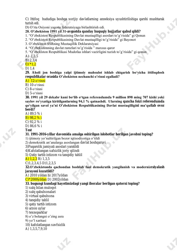ha tashkilotlaridan chiqishga, uning markaziy organlaridagi o‘z vakillarini chaqirib olishga qaror qildi. a) 1991yil 25-avgust b)1991- yil 31-avgust c)*1991- yil 28-avgust d)1991- yil 1-sentyabr 24. qaysi sessiyada “o‘zbekiston respublikasining davlat mustaqilligi to‘g‘risida”gi masala kun tartibiga qo‘yilib, qizg‘in muhokama qilindi? a. xii chaqiriq vi sesiyasida b. xi chaqiriq viii sesiyasida c. xii chaqirq xi sesiyasida d. xii chaqiriq x sesiyasida 25. davlat mustaqilligi masalasida referendum qachon o’tkazilgan? a) 1991yil 18-noyabr b)1991- yil 29-dekabr c)1991- yil 31-avgust d)1991- yil 1-sentyabr 26. i.karimov farmoni farmoni bilan 1991 yil 25-avgustda qaysi tashkilotlar o’zbekiston tasarrufiga olindi? a) tashqi ishlar vazirligi b) davlat xavfsizlik qo’mitasi va ichki ishlar vazirligi c) o”zbekiston ssr prokuraturasi d) ichki ishlar vazirligi va mudofaa vazirligi 27.1991-yilning 19–21-avgustida sovet ittifoqida davlat to‘ntarishi sodir etilib, favqulodda holat joriy etildi va hokimiyat favqulodda holat davlat komiteti (gkchp – государственный комитет по чрезвычайному положению) qo‘liga o‘tdi. ularning maqsadlari nima edi? a) ittifoq hududida yashovchi barcha …