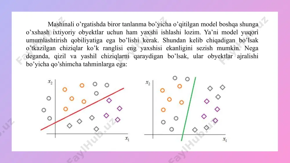 ishga ega bo’lmagan tanlanmalar uchun ekvivalent optimallashtirish masalasiga ega bo’lamiz. uni yechish uchun oxirgi ikkita tengsizlikni quyidagicha yozamiz: ω va b minimum koeffisientlarni izlashda tengsizlik o’rniga mantiqan quyidagi tenglikni olamiz: bu ifodani quyidagicha ko’rinishda tasvirlash mumkin: natijada dastlabki sistema minimallashtirishning shartsiz optimallashtirish masalasiga aylanadi: yoki, c parametrga bo’lish orqali quyidagiga ega bo’lamiz: 3/1/20xx sample footer text 22 https://www.youtube.com/watch?v=guzen2txnxe bizda chizig’imizga bog’liq holatda bir nechta holat bo’lish mumkin: image1.jpeg image2.png image3.png image4.jpeg image5.jpeg image6.png image7.jpeg image8.png image9.png image10.png image11.png image12.jpeg image13.wmf image14.png image15.png image16.png image17.png image18.png image19.png image180.png image20.png image21.png image22.png image23.png image24.png image25.wmf image26.png image27.png image28.png image29.png image30.png image31.png image32.png image33.png image34.wmf image35.png image36.png image37.wmf image38.png image39.png image40.png image41.png image42.png image43.png image44.png image45.png image46.png image47.png image48.png image49.png image50.png image51.png image52.png image53.png image54.png image55.png image56.png xx +- - , xx +- 1 x ®+¥ {} i x