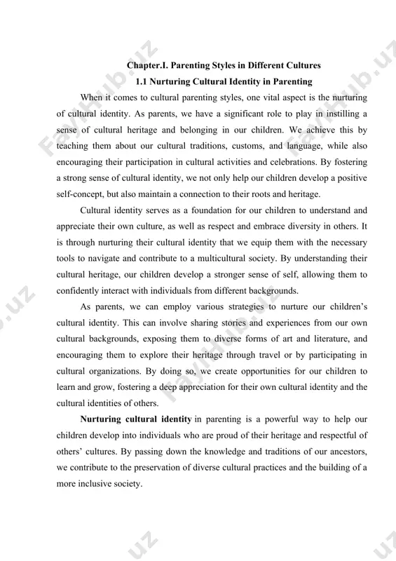 hape how parents raise their children, reflecting the diverse approaches found in different cultures around the world. cultural parenting styles have a profound impact on child development as each culture has its own beliefs about effective parenting, which influence the strategies and techniques used by parents. these different approaches can influence various aspects of child development, including social skills, self-esteem, and academic performance. nurturing cultural identity is important in parenting as it helps instill a sense of cultural heritage and belonging in children. by teaching cultural traditions, customs, and language, and encouraging participation in cultural activities and celebrations, parents help children develop a positive self-concept and maintain a connection to their roots and heritage. an authoritative parent set high clear standards for their children. they respected their children’s opinions and concerns and offered plenty of support and encouragement. this style is often referred to as the balanced or “democratic” style. …